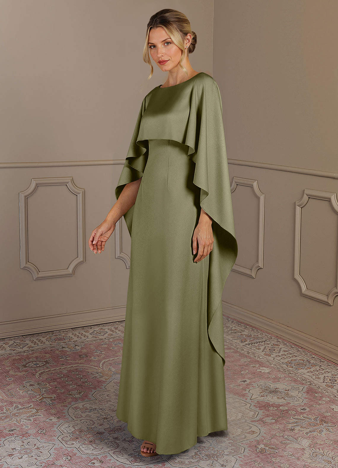 Azazie Eli vestidos de madre de la novia Vestido de Pistacho de Satén Elástico de Corte Recto con Cuello de barco image2