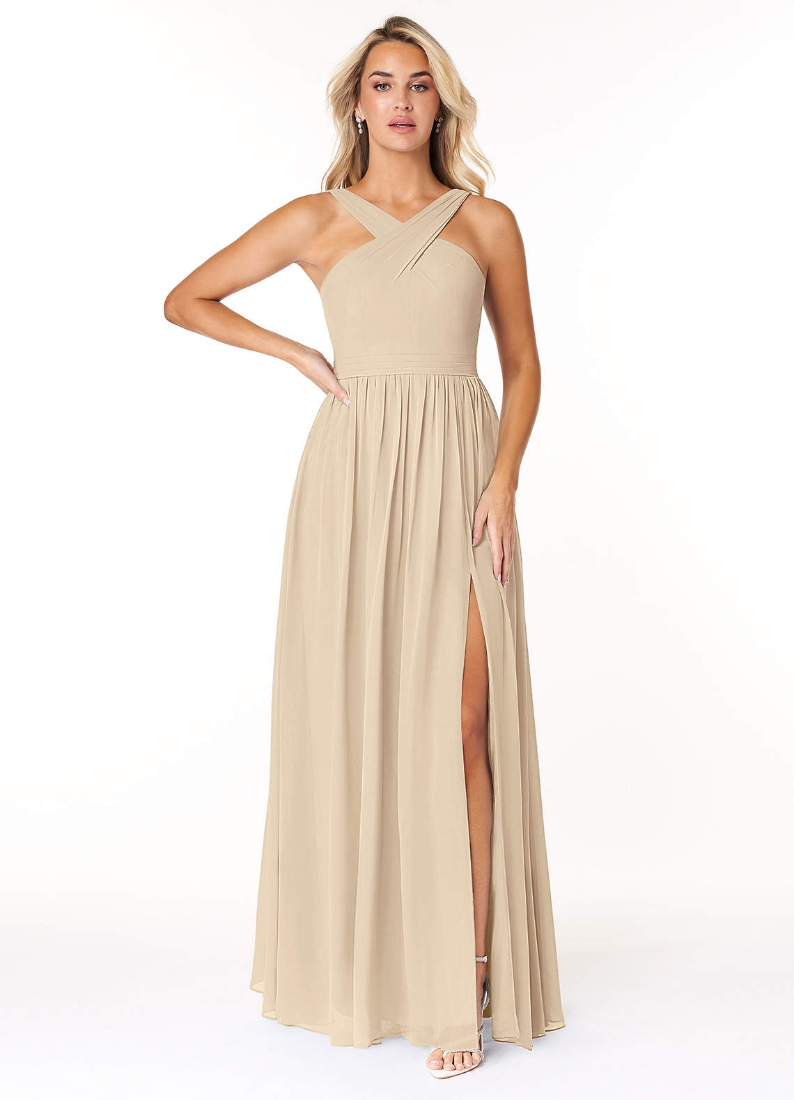 Azazie Elvira At-home Try On Dresses Champagne A-Line Pleated Chiffon Dress image1
