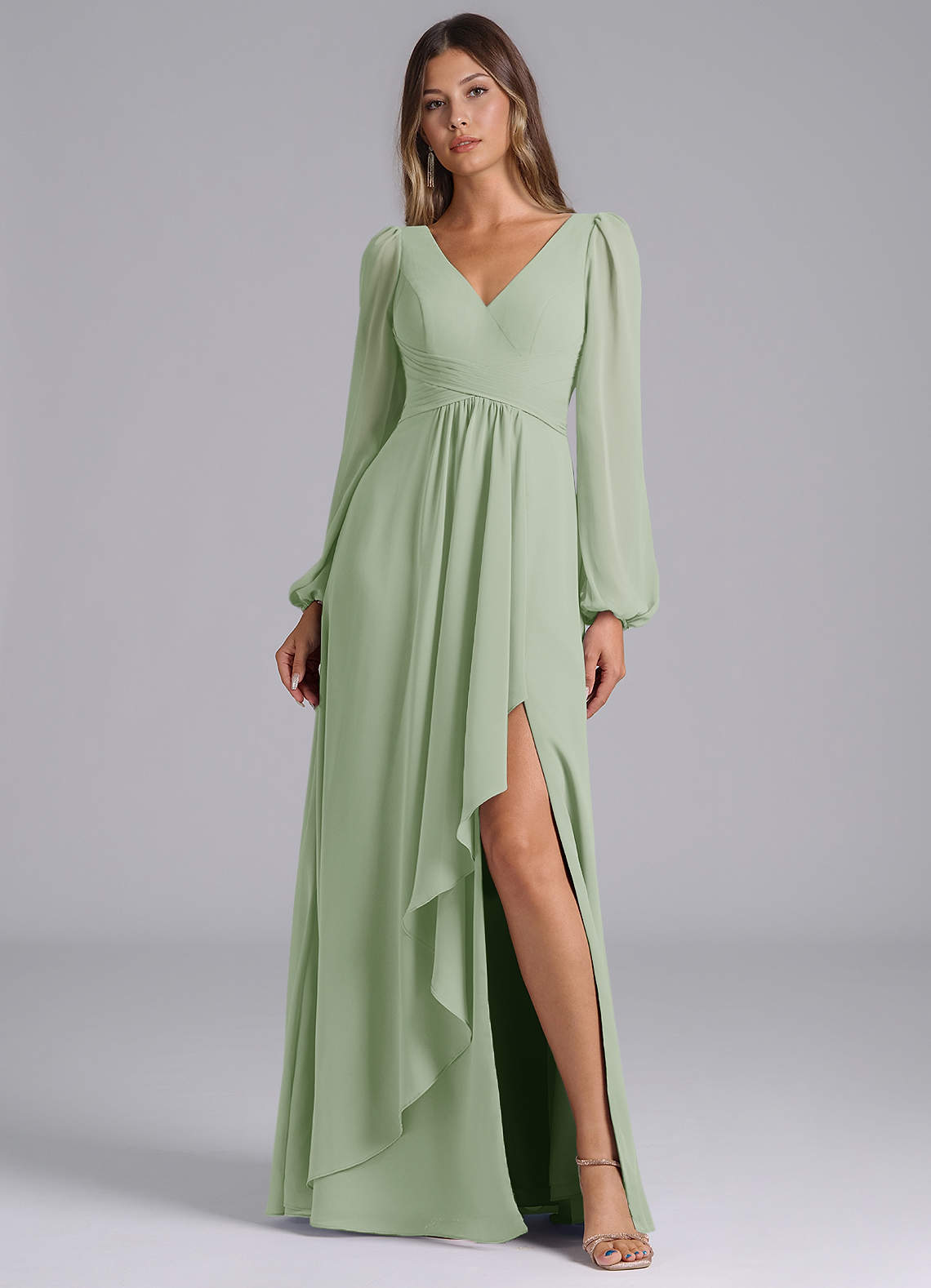 sage green bridesmaid dresses long sleeve Azazie In-Stock A-Line V-Neck Floor-Length Chiffon trendy women’s fashion