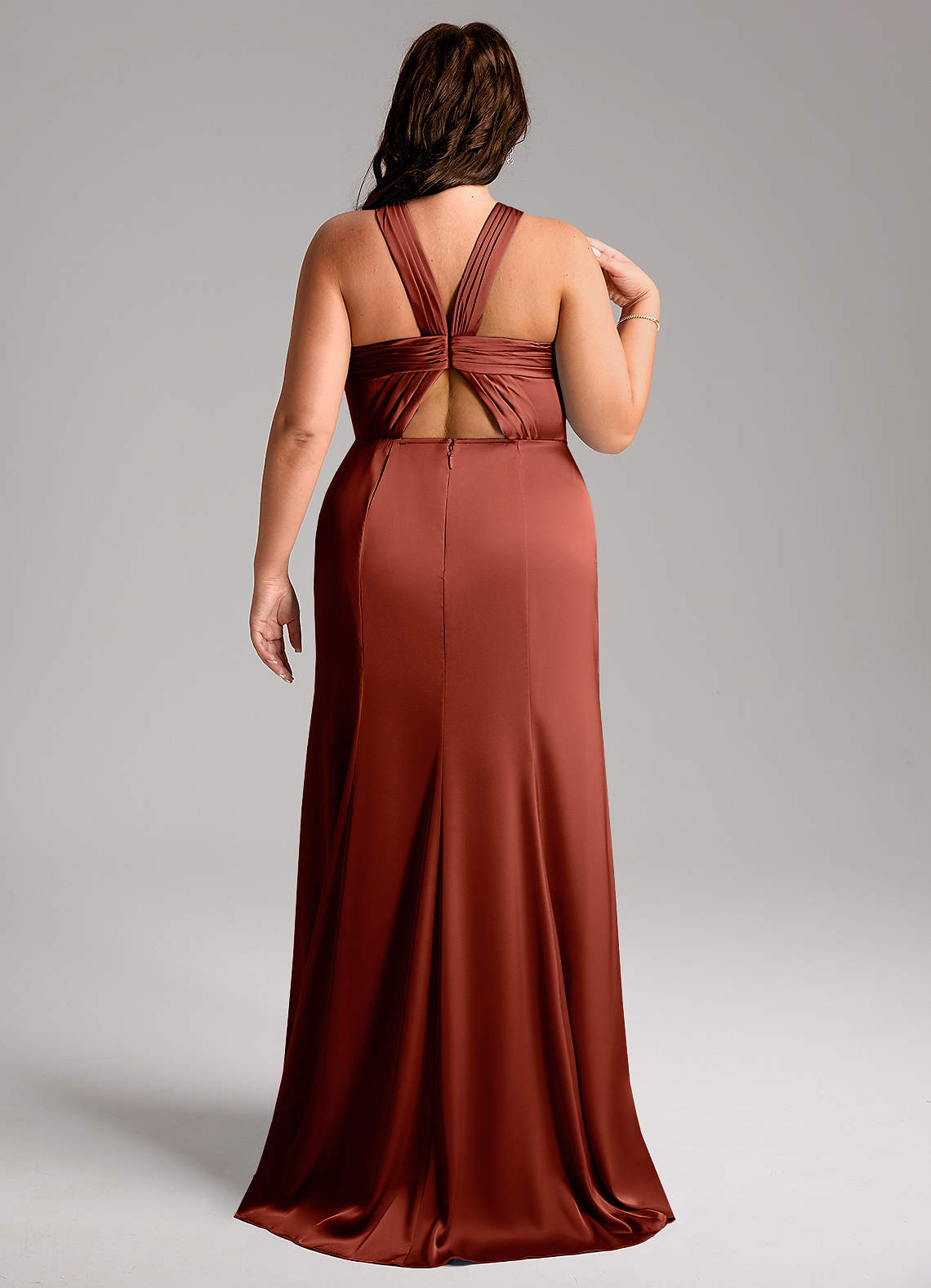 Azazie Rue Vestidos de damas de honor Vestido de Terracota de Satén Elástico de Corte Sirena con Plisado image8