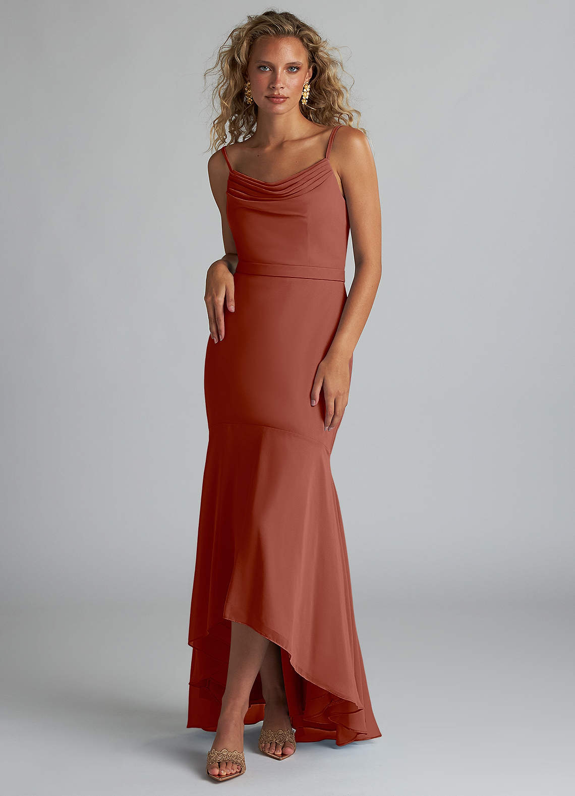 Azazie Summer Bridesmaid Dresses Auburn Mermaid Scoop Cowl Chiffon Dress image1