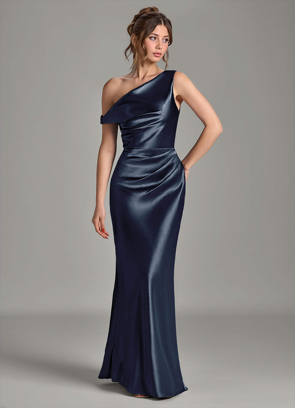 Azazie Emerson Bridesmaid Dresses Dark Navy Mermaid Off the Shoulder Metallic Satin Dress image3