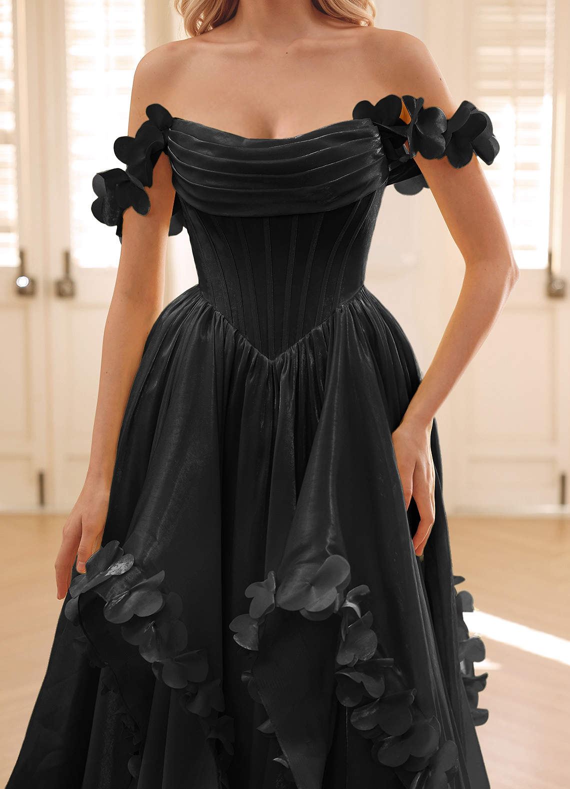 Elysia Black Corset Rhinestone Sheer Lace Prom Dress Ready to Ship