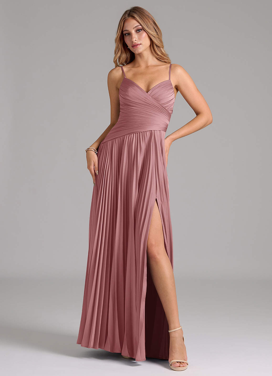 Azazie Vini Bridesmaid Dresses Dusty Rose A-Line Pleated Stretch Satin Dress image1