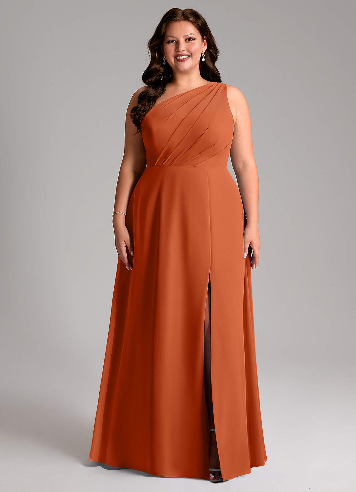 Azazie Phaedra Bridesmaid Dresses Burnt Orange A-Line One Shoulder Chiffon Dress image1