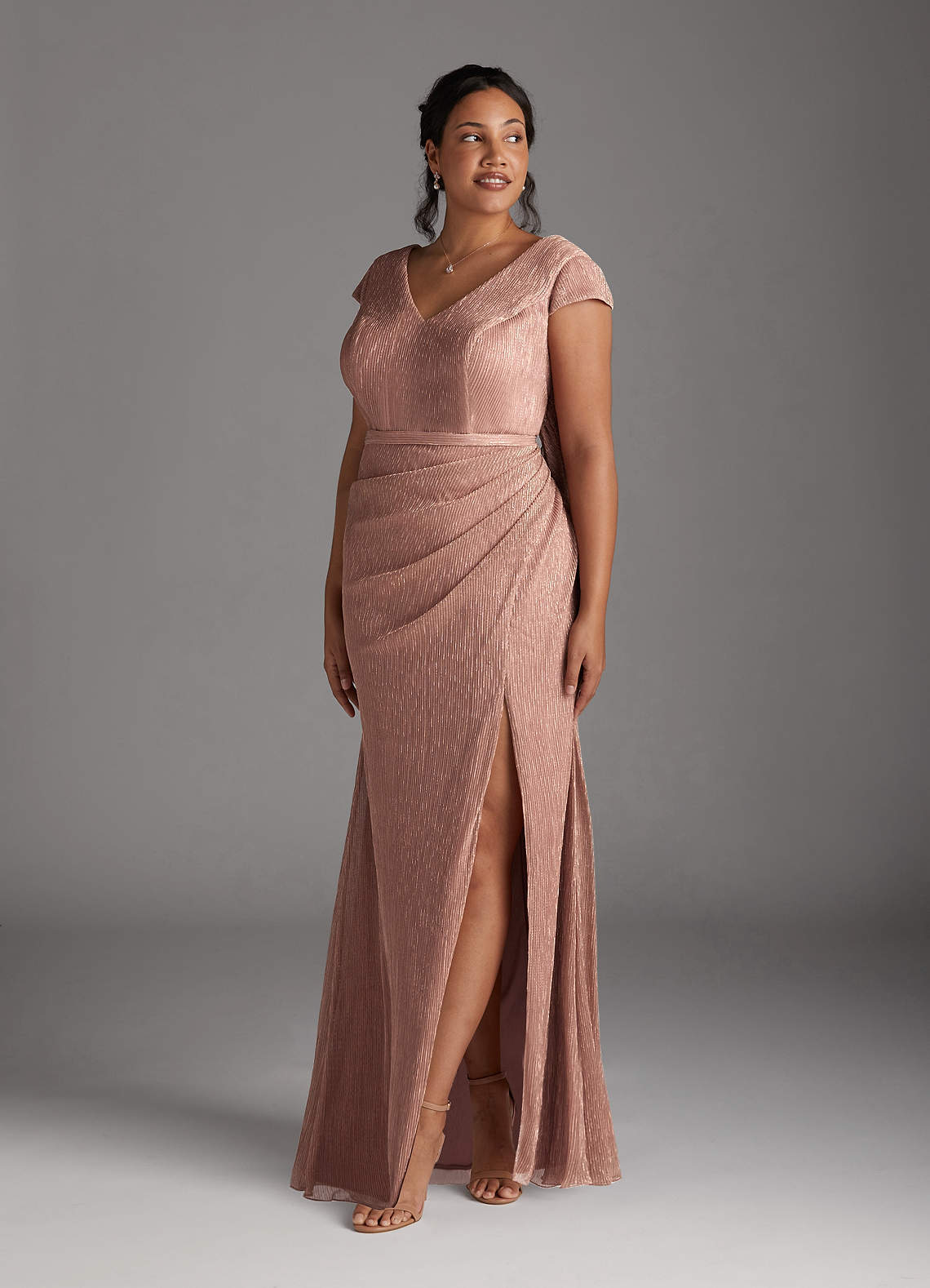 Azazie Galilea Mother of the Bride Dresses Rose Gold Mermaid V-Neck Metallic Mesh Dress image7