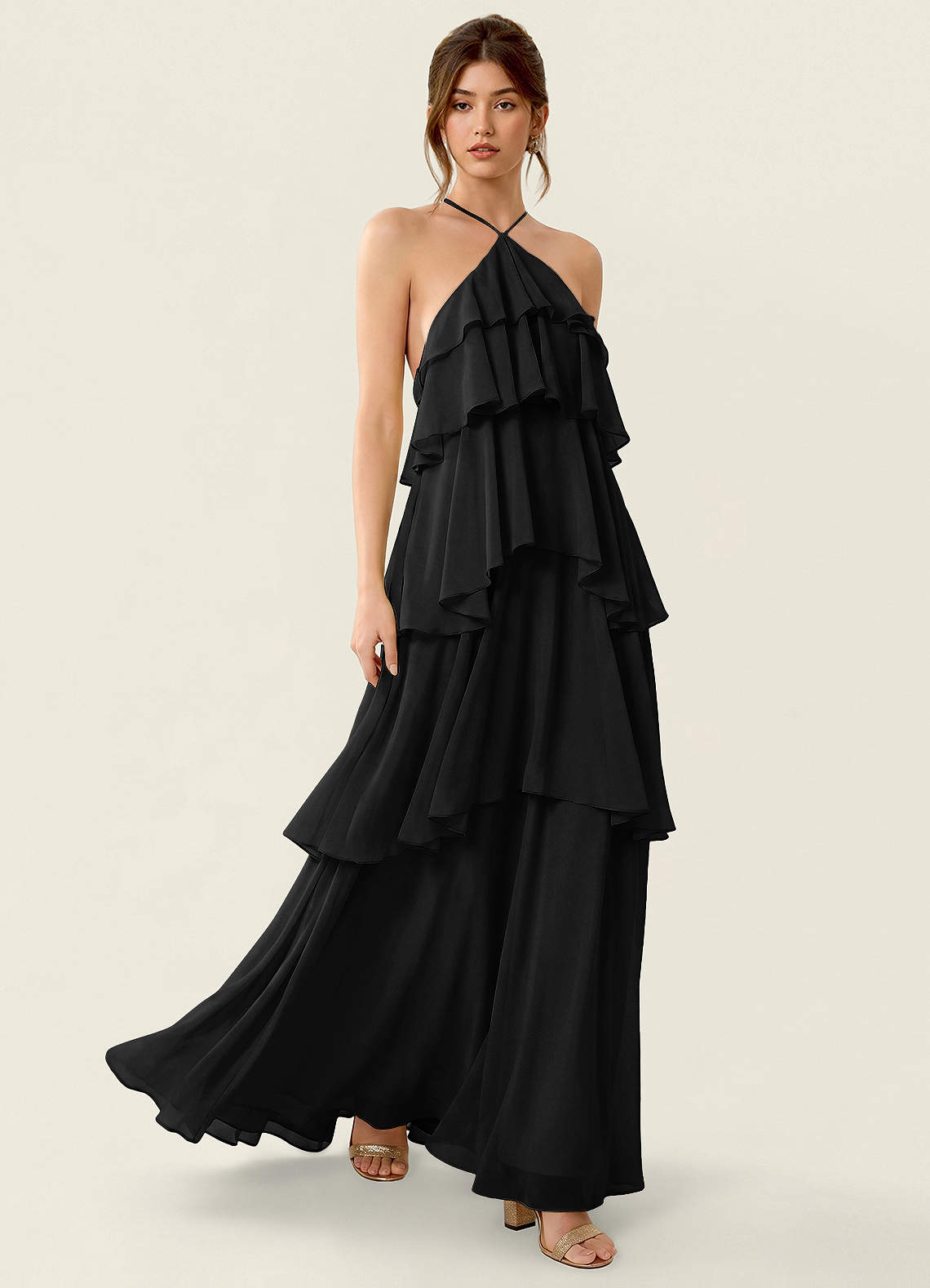 Nevieve Black Halter Tiered Ruffled Chiffon Maxi Dress