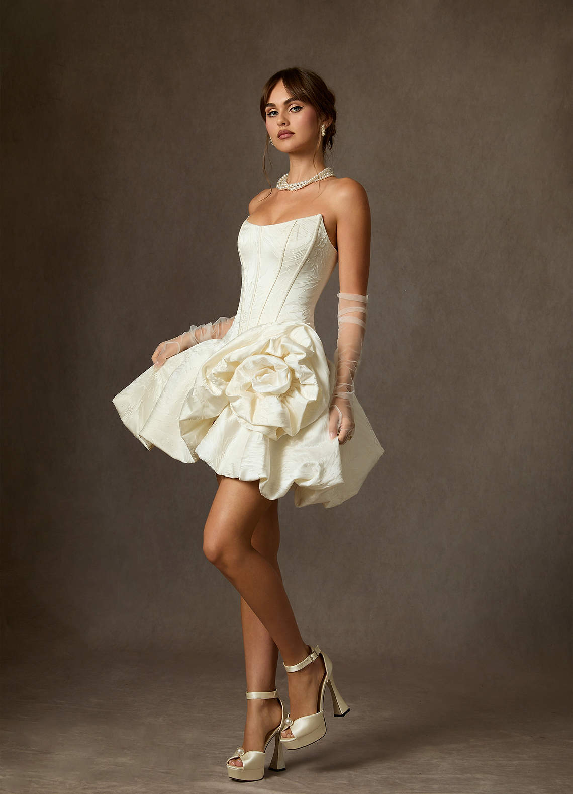 Azazie Kloe Wedding Dresses Antique White Ball-Gown Strapless Floral Jacquard Dress image1