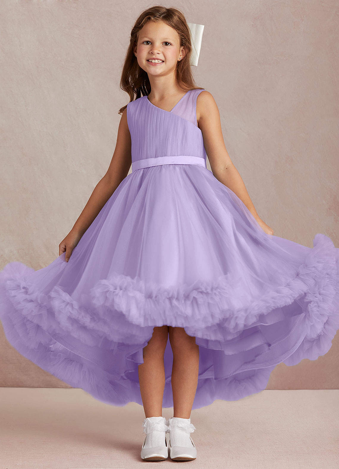 Azazie Lottie vestidos de niña de las flores Vestido de Lila de Satén de Corte En A con Hombro unilateral image1