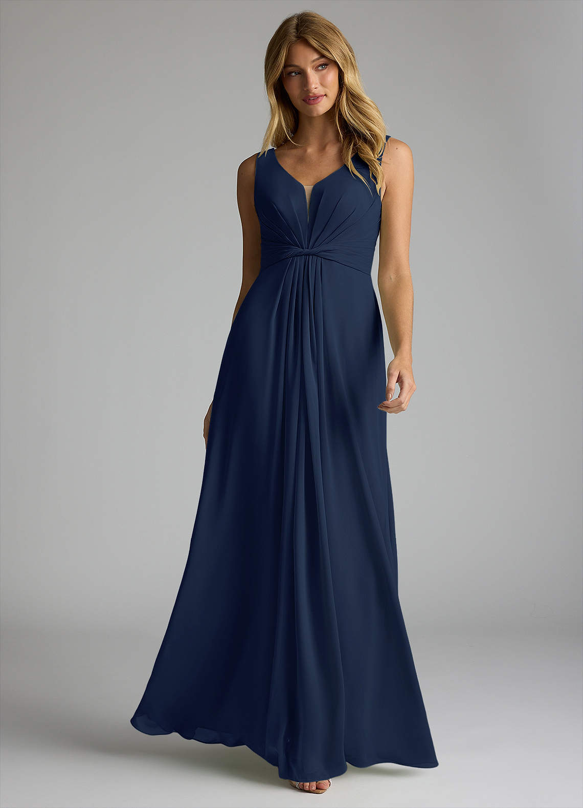 Azazie Gina Bridesmaid Dresses Dark Navy A-Line V-Neck Pleated Chiffon Dress image1