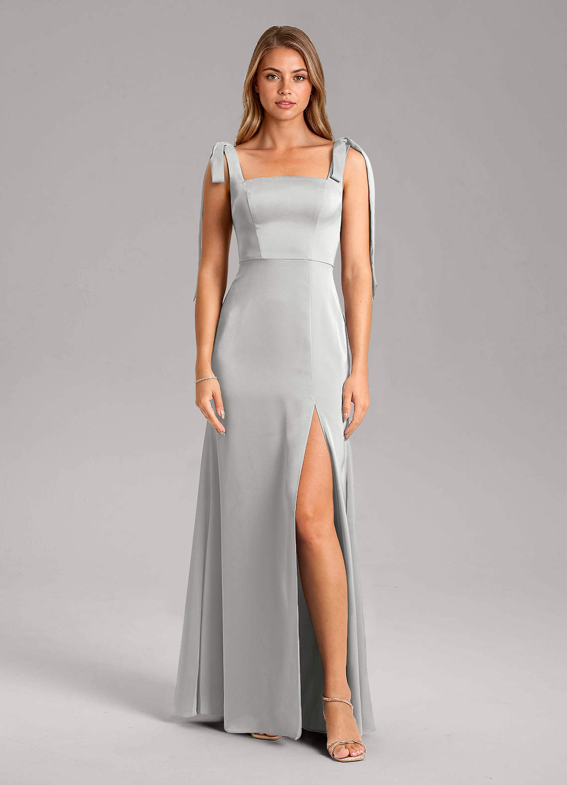 Azazie Frostine Bridesmaid Dresses Silver A-Line Bow Stretch Satin Dress image4