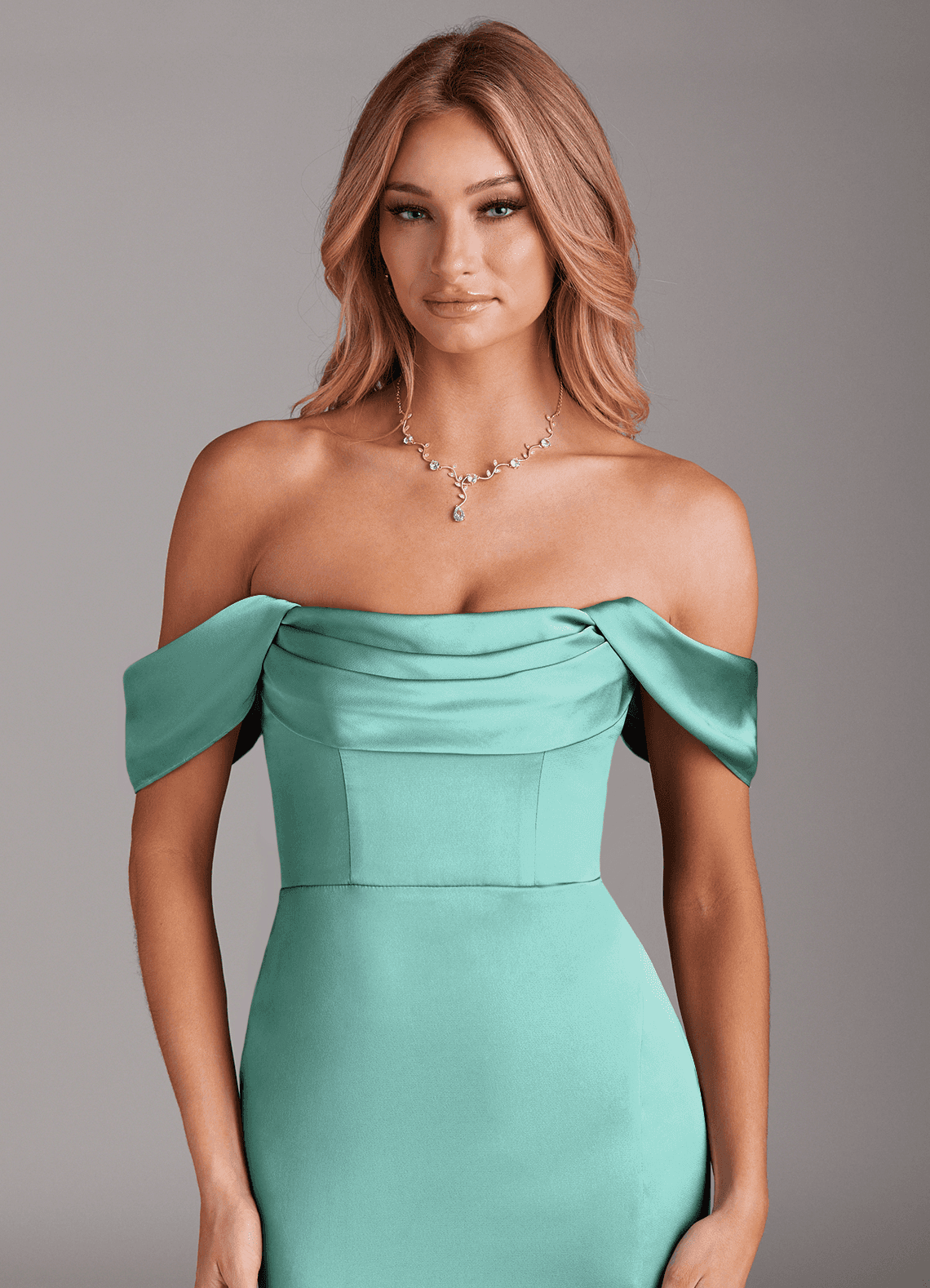 Azazie Saige Bridesmaid Dresses Aqua Sheath Off the Shoulder Stretch Satin Dress image6