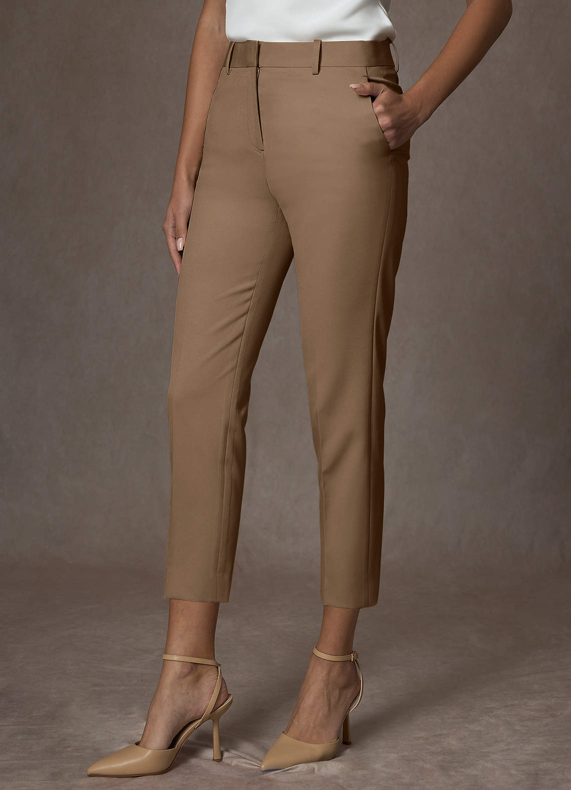 front Victoria Truffle Refined Weave Cropped Pants Suit