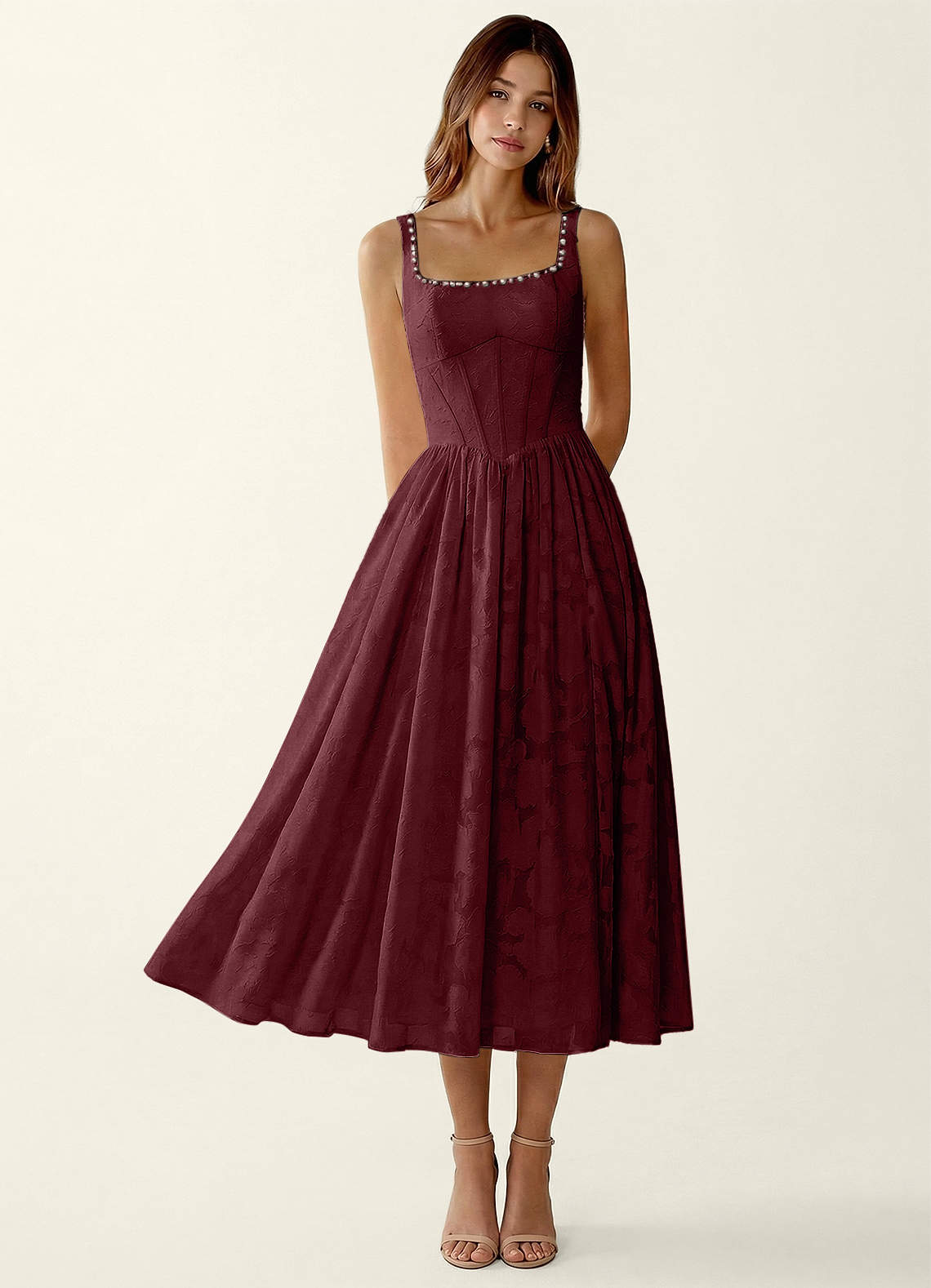 Ottavia Wine Floral Burnout Midi A-Line Graduation Dress