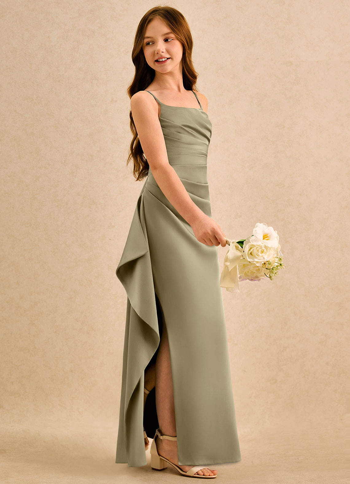 Azazie Cannoli Girls Formal Flower Girl Klänningar Klä A-Line i Stretch Satin Plisserad image4