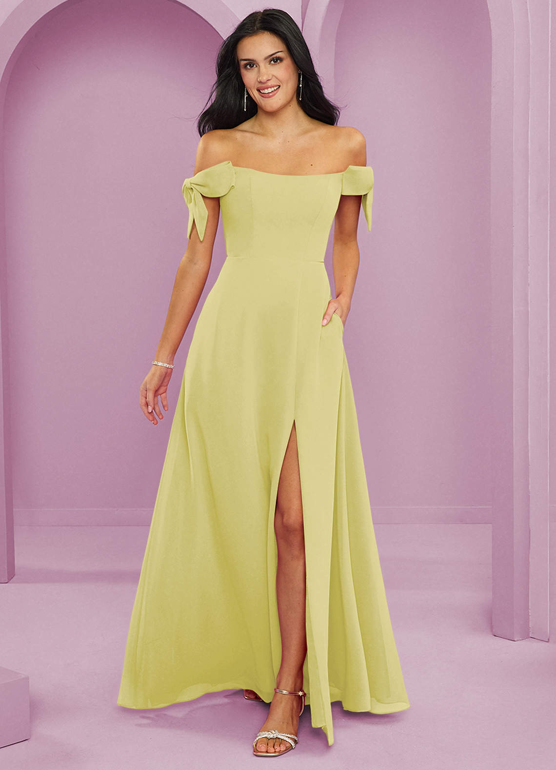 Barbie ♥ Azazie Brautjungfernkleider Wandelbar A-Linie Schulterfrei Chiffon Kleid Zitronensorbet image1