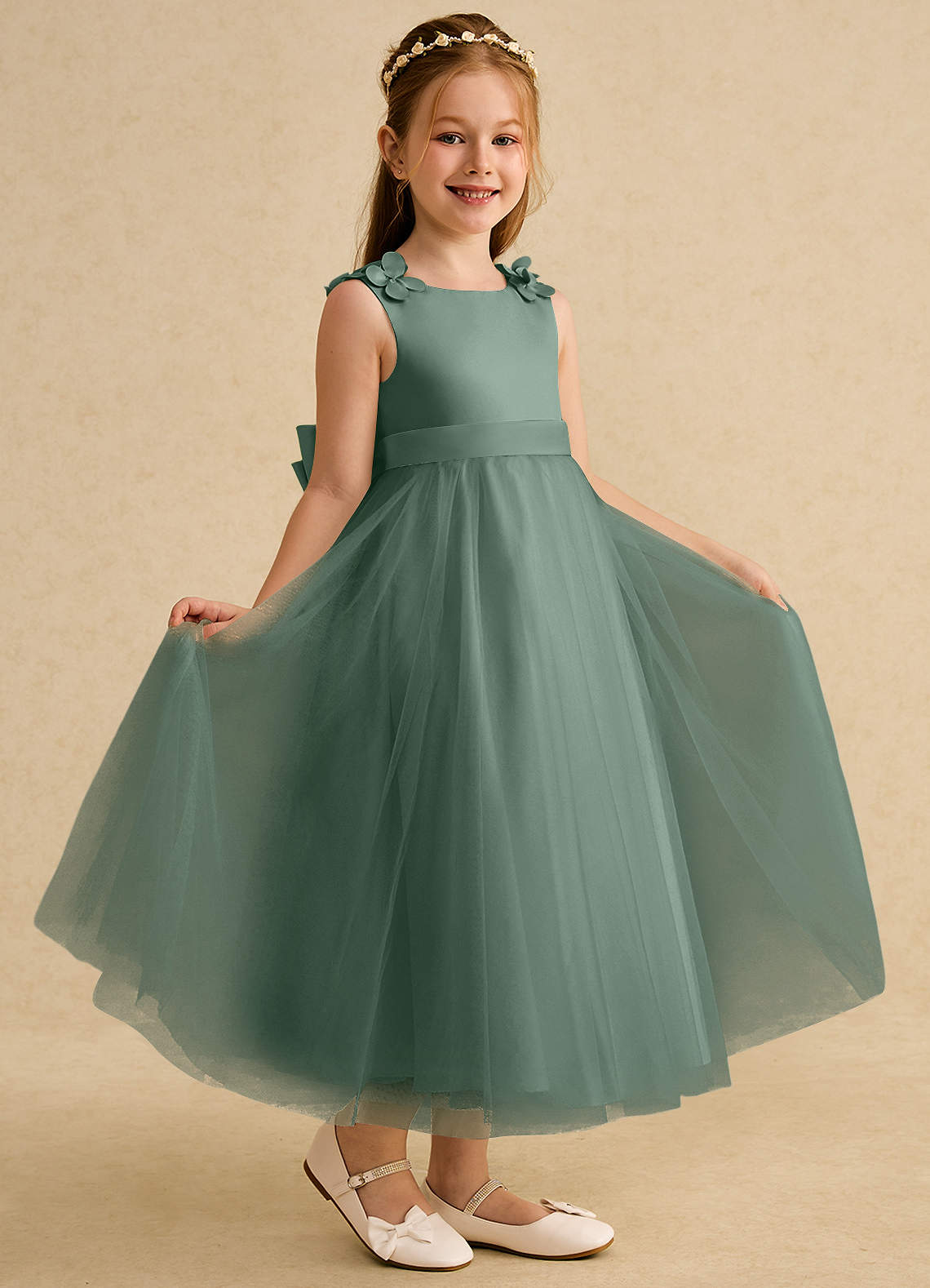 Azazie Lilli Robe Demoiselle D'honneur Fillette Robe Trapèze en Tulle Arc Eucalyptus Eucalyptus image1