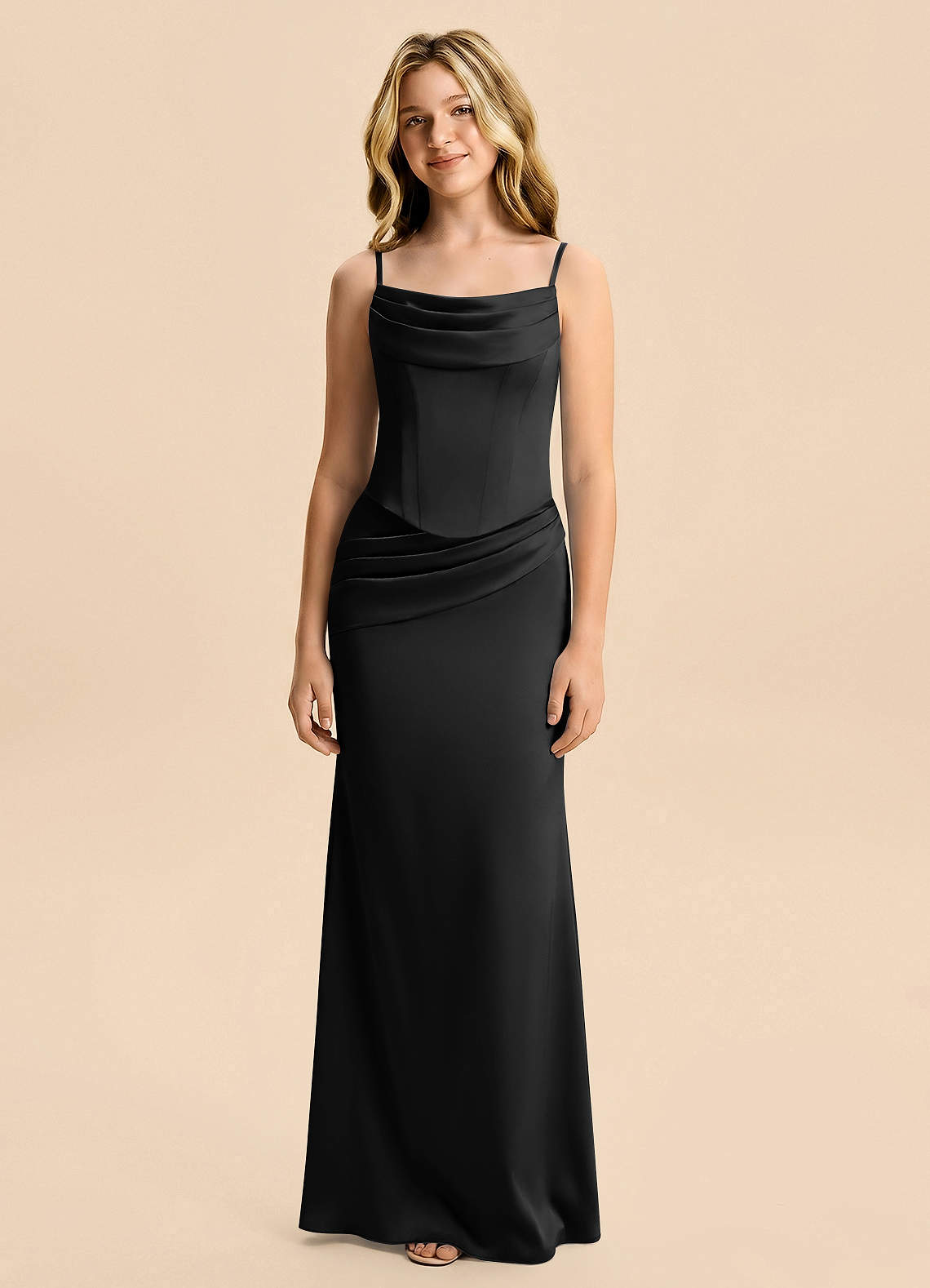 Azazie Sorrel Junior Black Mermaid Ruched Stretch Satin Dress image5