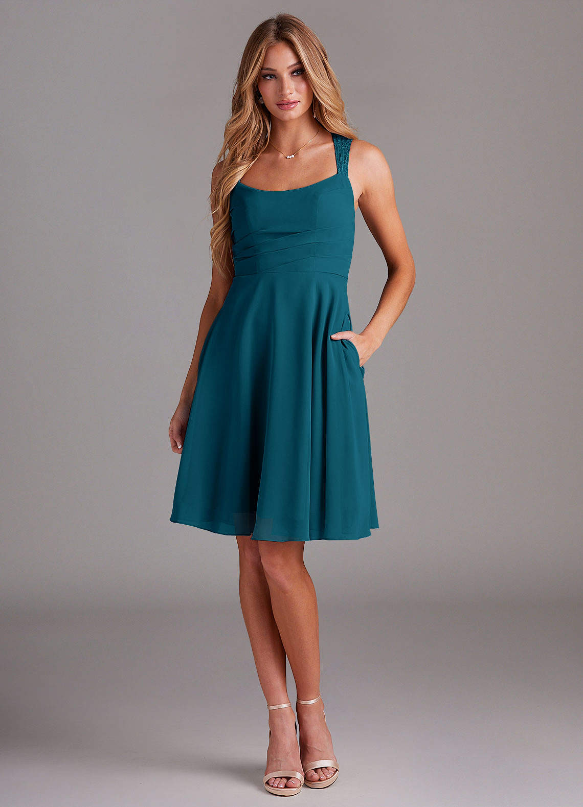 Azazie Vina Bridesmaid Dresses Ink Blue A-Line Lace Chiffon Dress image1