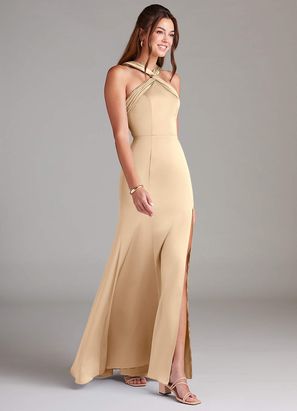 Azazie Rue Bridesmaid Dresses Champagne A-Line Pleated Stretch Satin Dress image3