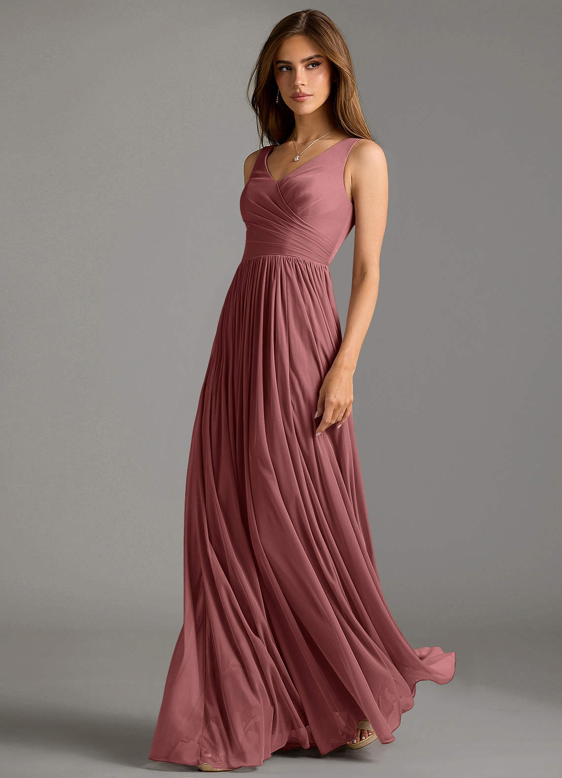 Azazie Keyla Robes de demoiselle d'honneur Robe Trapèze en Maille Plissée Rose Du Désert image1