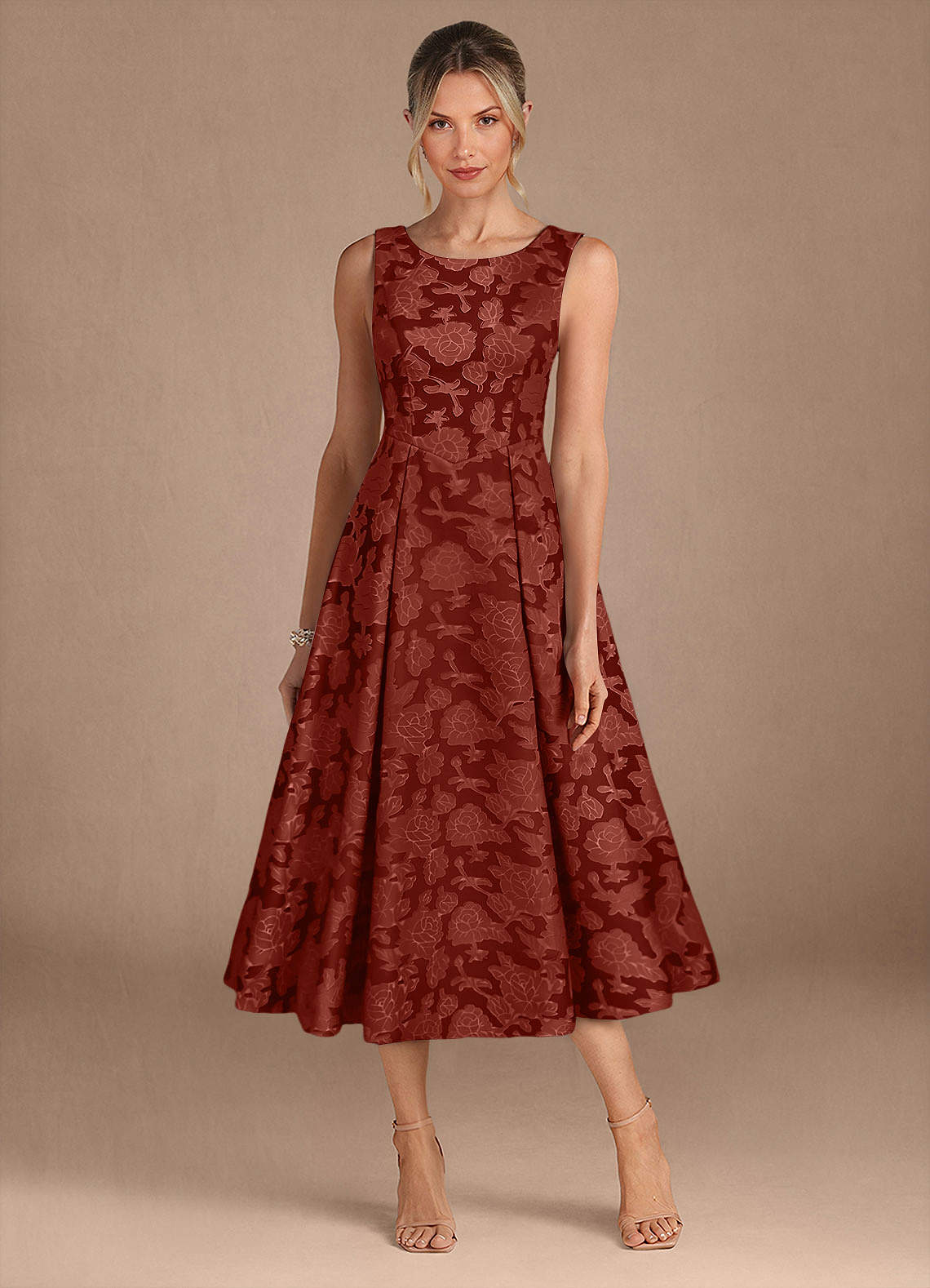 Azazie Fulton vestidos de madre de la novia Vestido de Terracota de Devorado Floral de Corte En A con Plisado image4