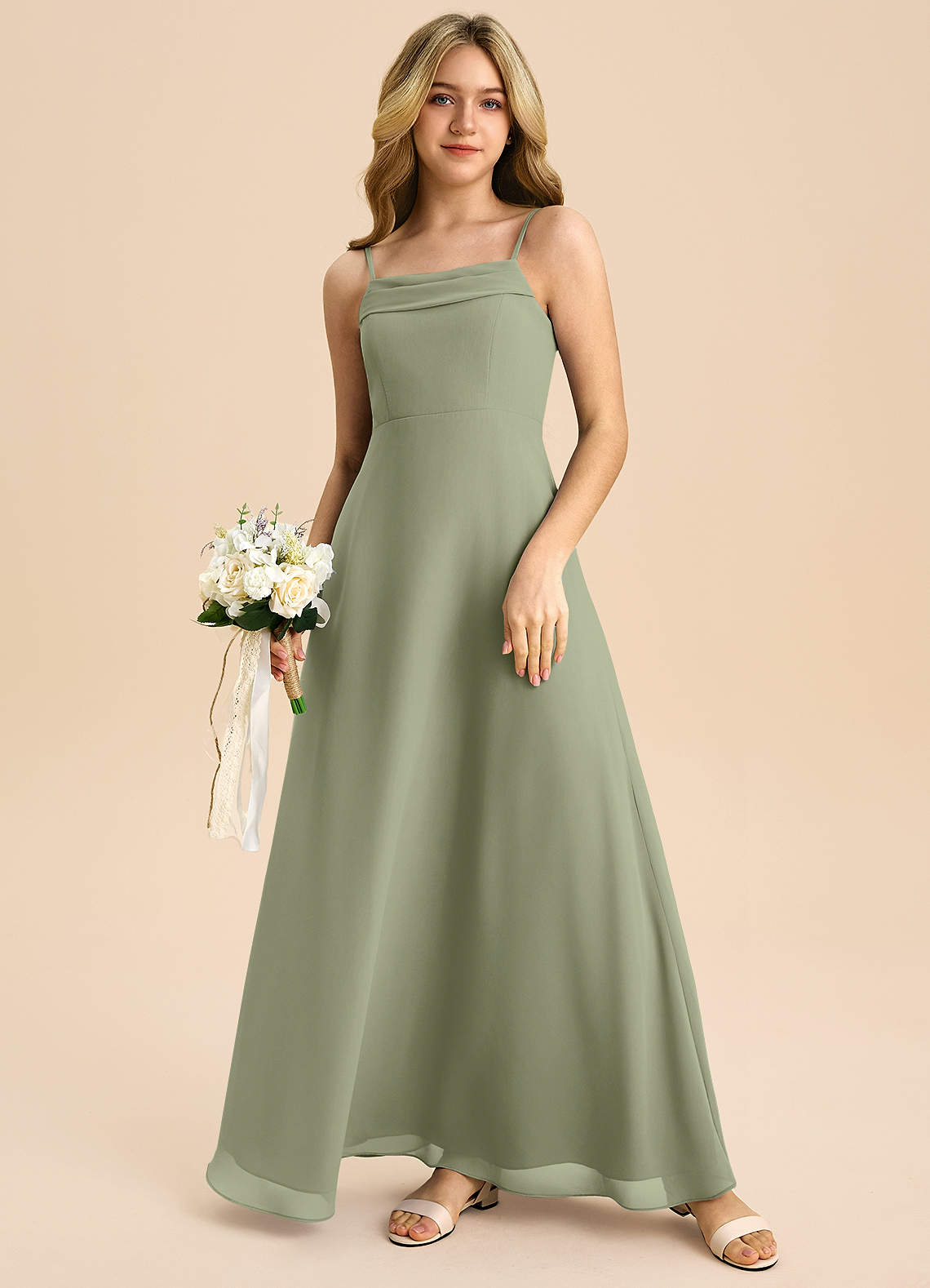 Azazie Anselie Junior Pistachio A-Line Off the Shoulder Chiffon Dress image6