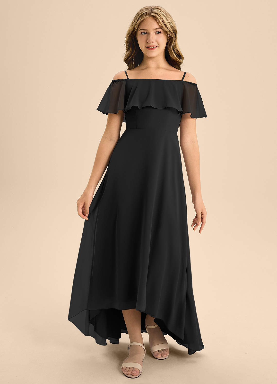 Azazie Maggie Junior A-Linie Schulterfrei Chiffon Kleid Schwarz image4
