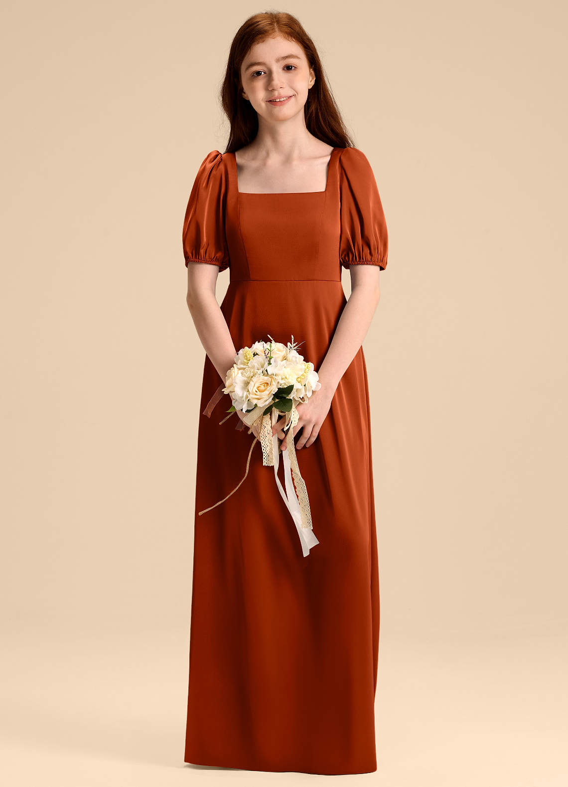 Azazie Briar Junior Robe Trapèze en Satin extensible Arc Paprika image1
