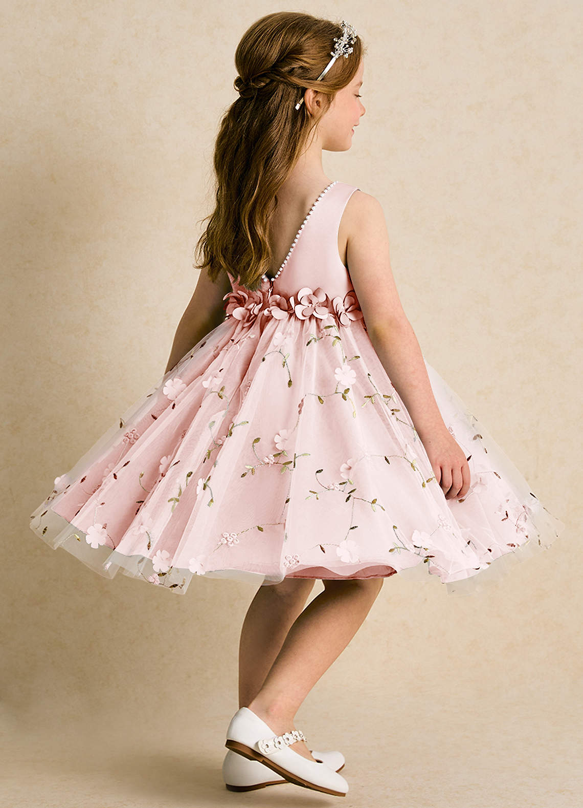 Azazie Starri Flower Girl Dresses Blushing Pink Ball-Gown Beaded Matte Satin Dress image4