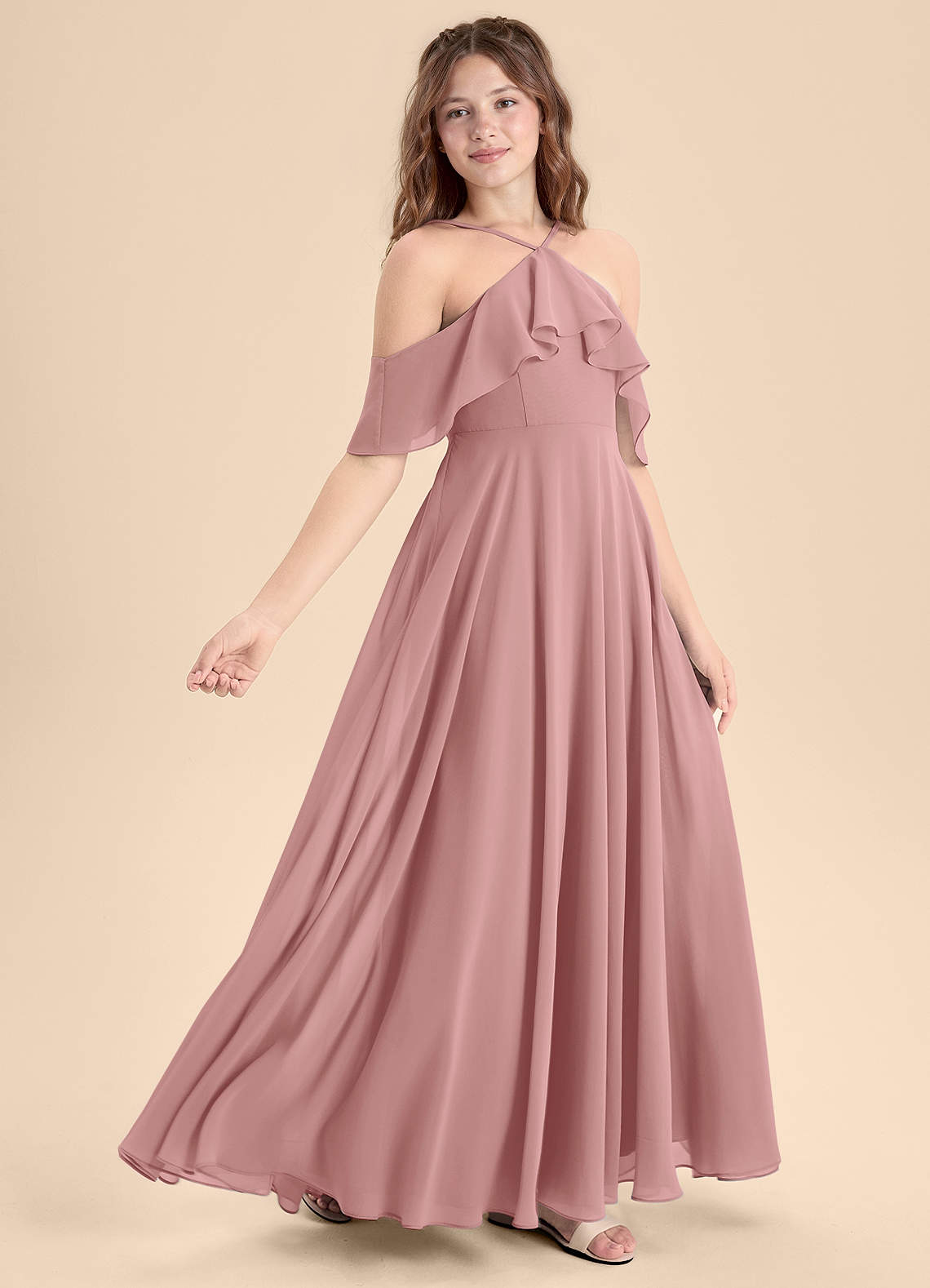 Azazie Tessabelle Junior Vestido de Rosa Polvorienta de Gasa de Corte en A con Vestidos sin tirantes image2