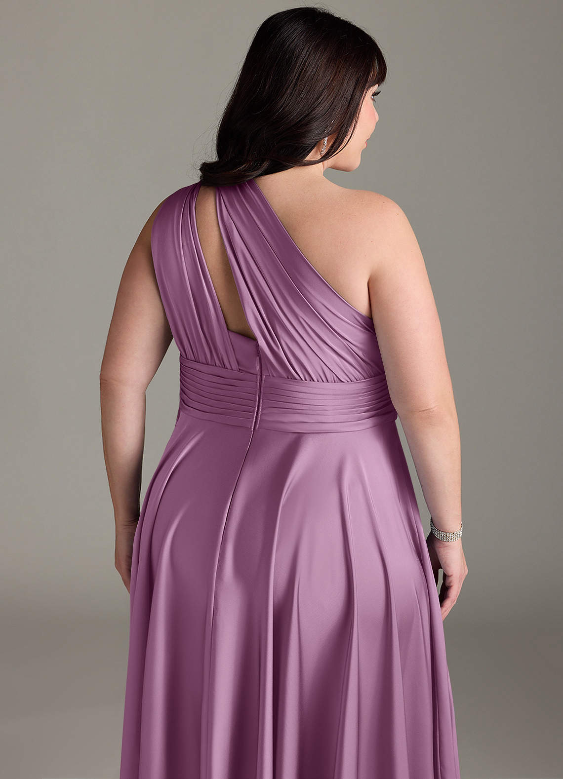 Azazie Charlize Bridesmaid Dresses Wisteria A-Line One Shoulder Stretch Satin Dress image15