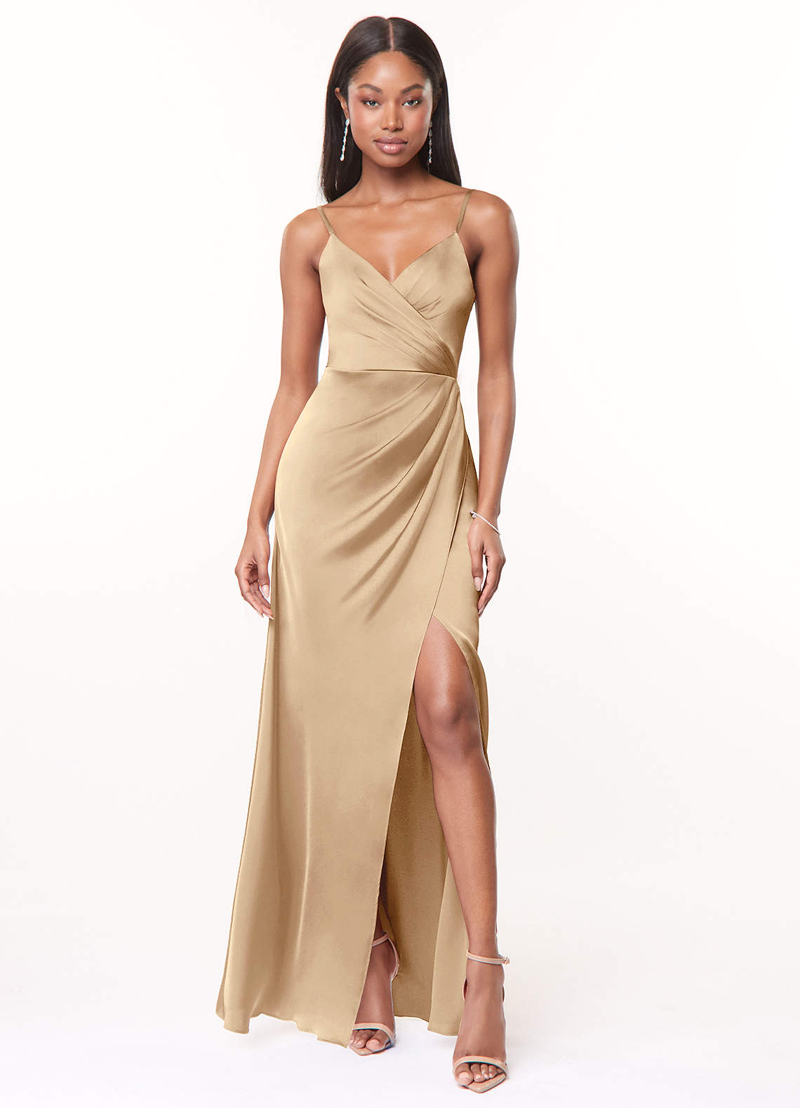 Azazie Maci Bridesmaid Dresses Champagne A-Line V-Neck Pleated Stretch Satin Dress image1