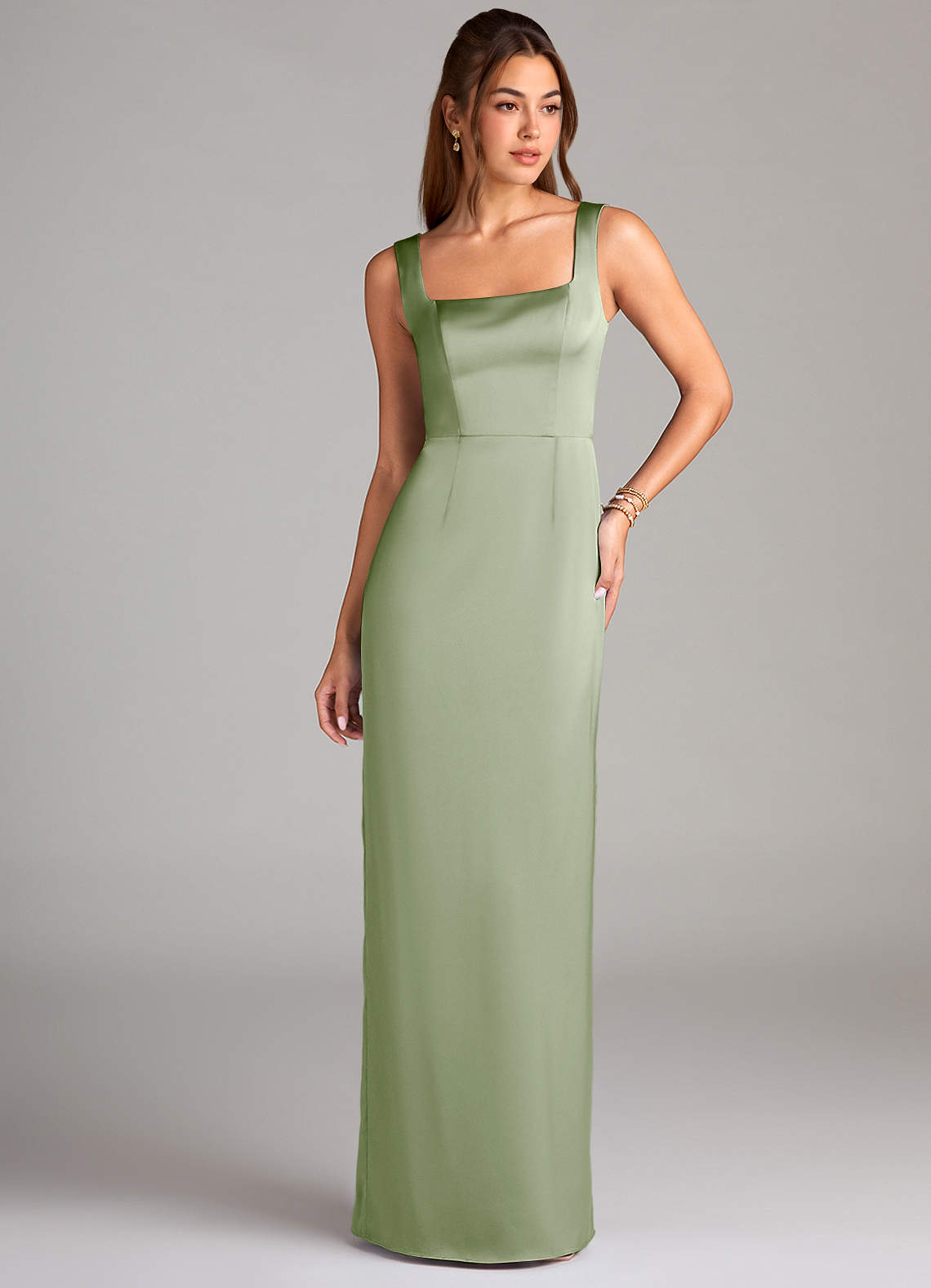 Azazie Flori Bridesmaid Dresses Dusty Sage Sheath Side Slit Stretch Satin Dress image1
