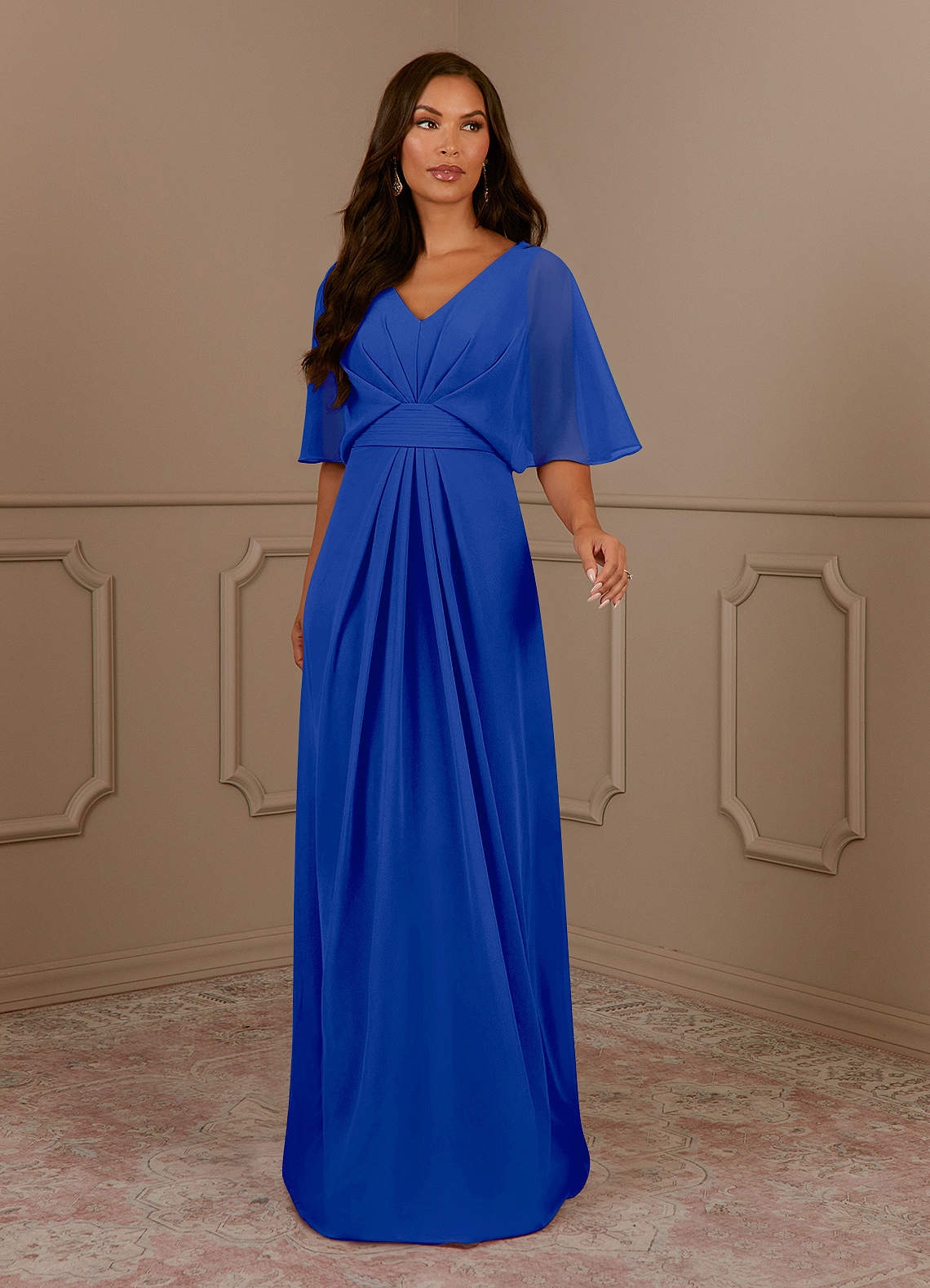 Azazie Oksana Royal Blue A-Line V-Neck Pleated Chiffon Dress | Azazie