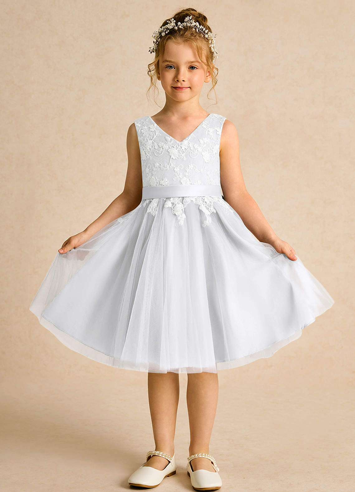 Azazie Butterfly Flower Girl Dresses White A-Line Lace Dress image1