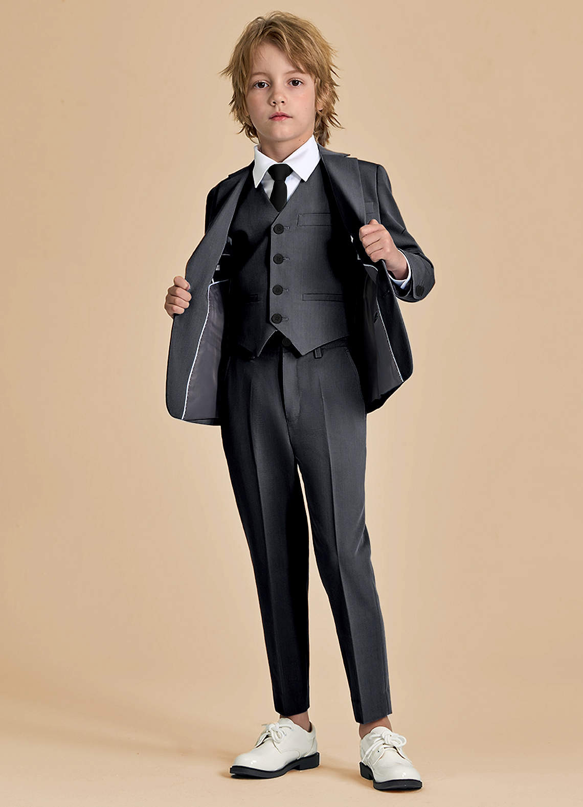 front Oliver Boys Charcoal 5-Piece Suit With Pre-tie