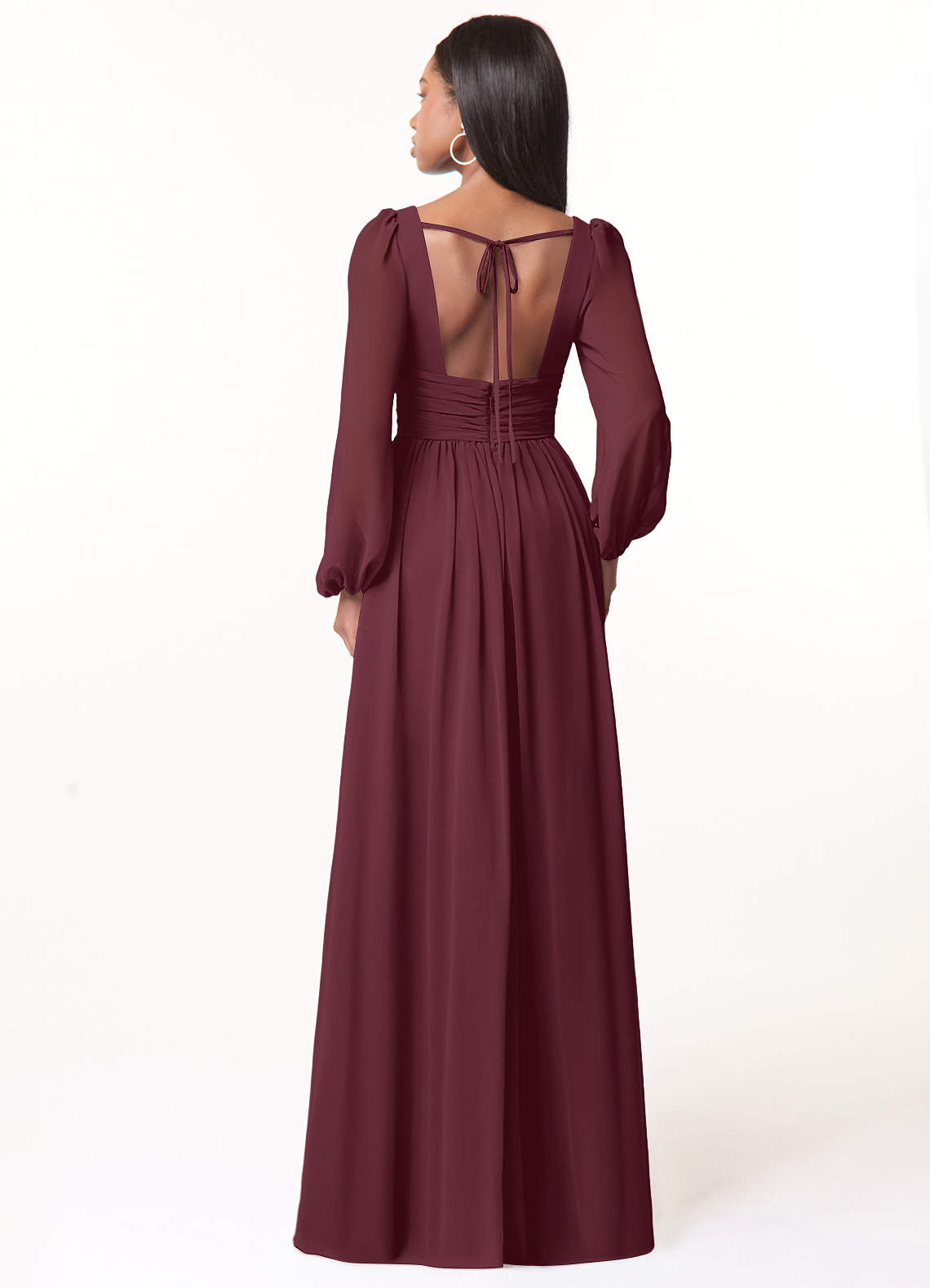 Azazie Norah Vestidos de damas de honor Vestido de Cabernet de Gasa de Corte en A con Manga larga con cuello en V image1