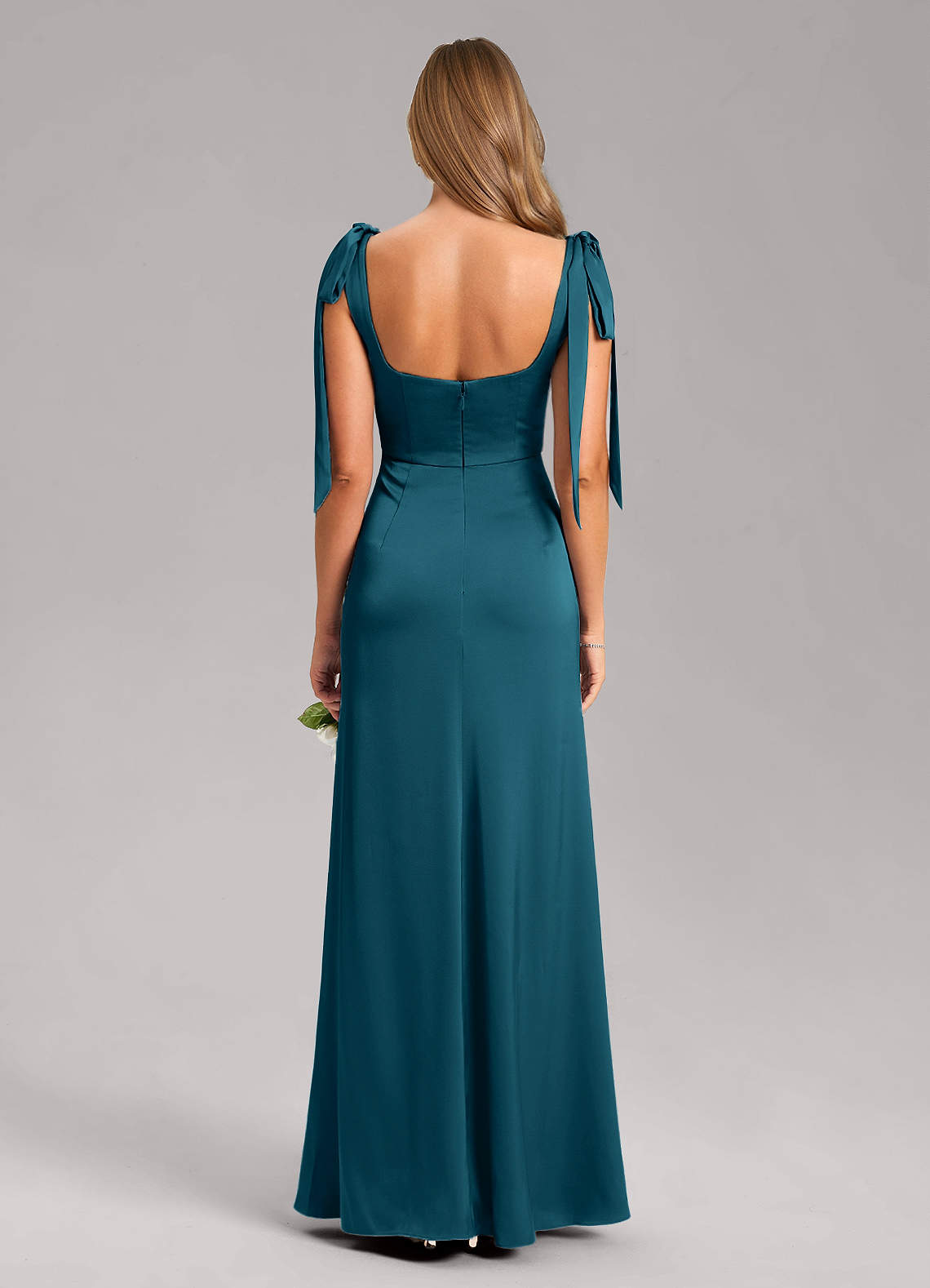 Azazie Frostine Bridesmaid Dresses Ink Blue A-Line Bow Stretch Satin Dress image13