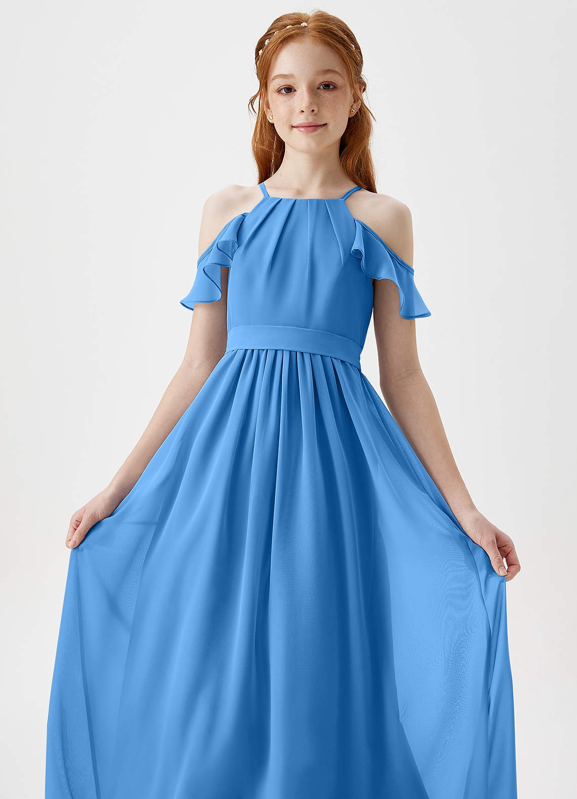 Azazie Chaya Junior Blue Jay A-Line Off the Shoulder Chiffon Dress image1