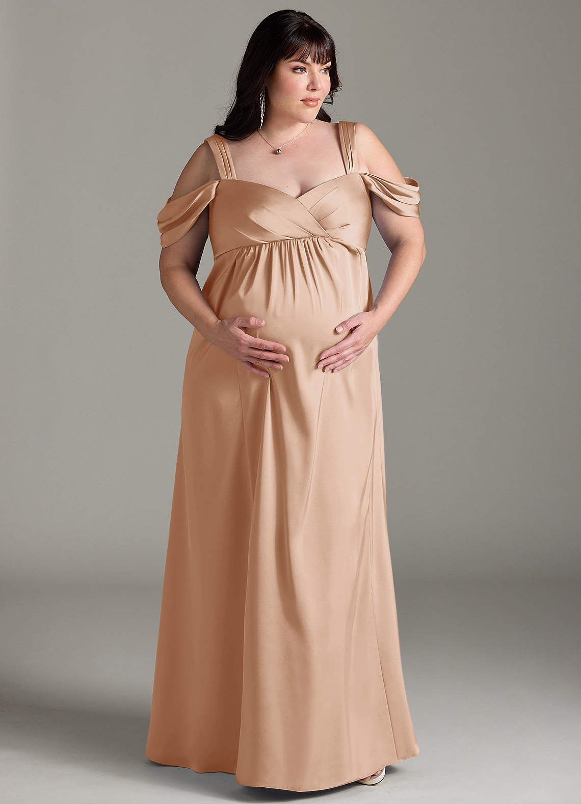 Azazie Rhea Maternity Bridesmaid Dresses A-Line Off-The-Shouler Pleated Stretch Satin Floor-Length Dress image7