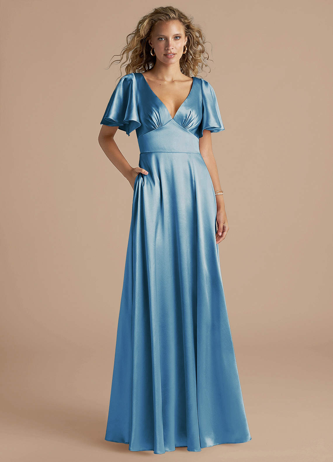 Azazie Kimber Bridesmaid Dresses Steel Blue A-Line Ruched Metallic Satin Dress image1