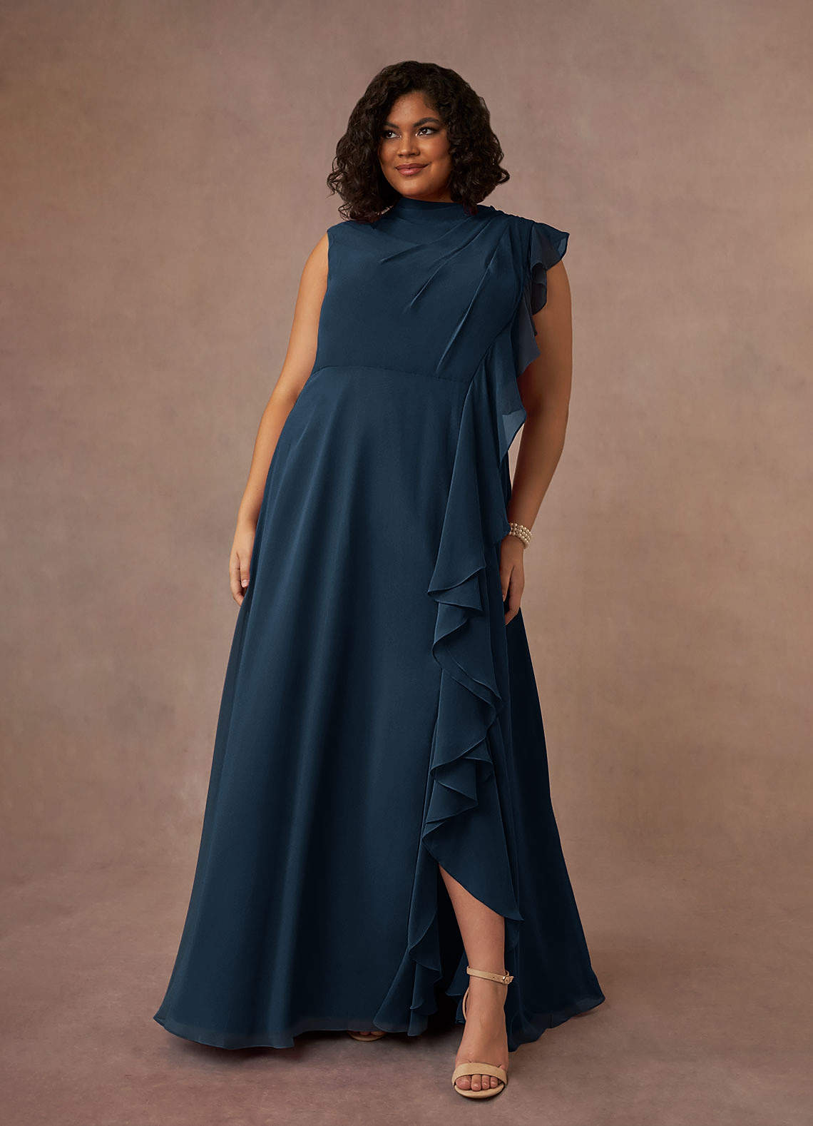Azazie Narine Mother of the Bride Dresses Dark Navy A-Line High Neckline Pleated Chiffon Dress image1