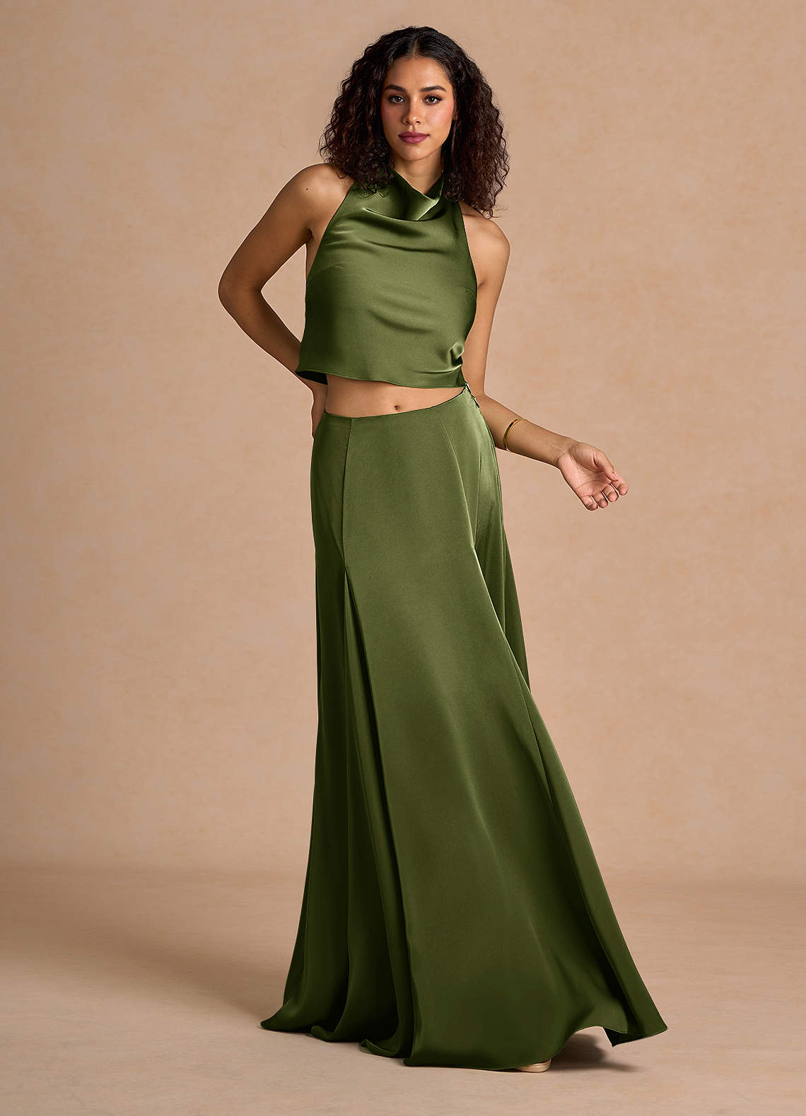 olive green two piece prom dress Olive Green Satin Princess Floor-Length Prom Dress Custom main image 1