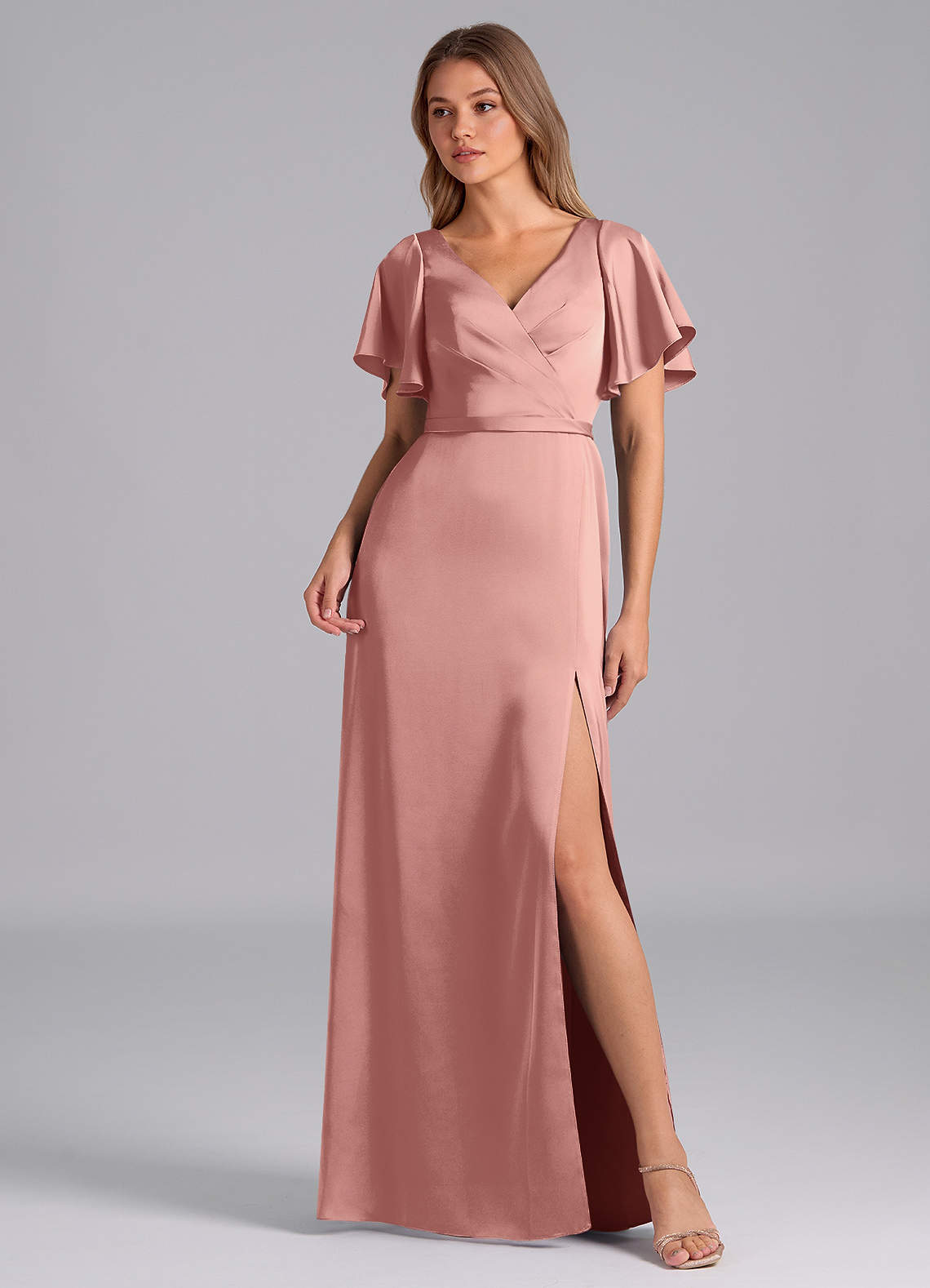 satin rosette dress Azazie Mei