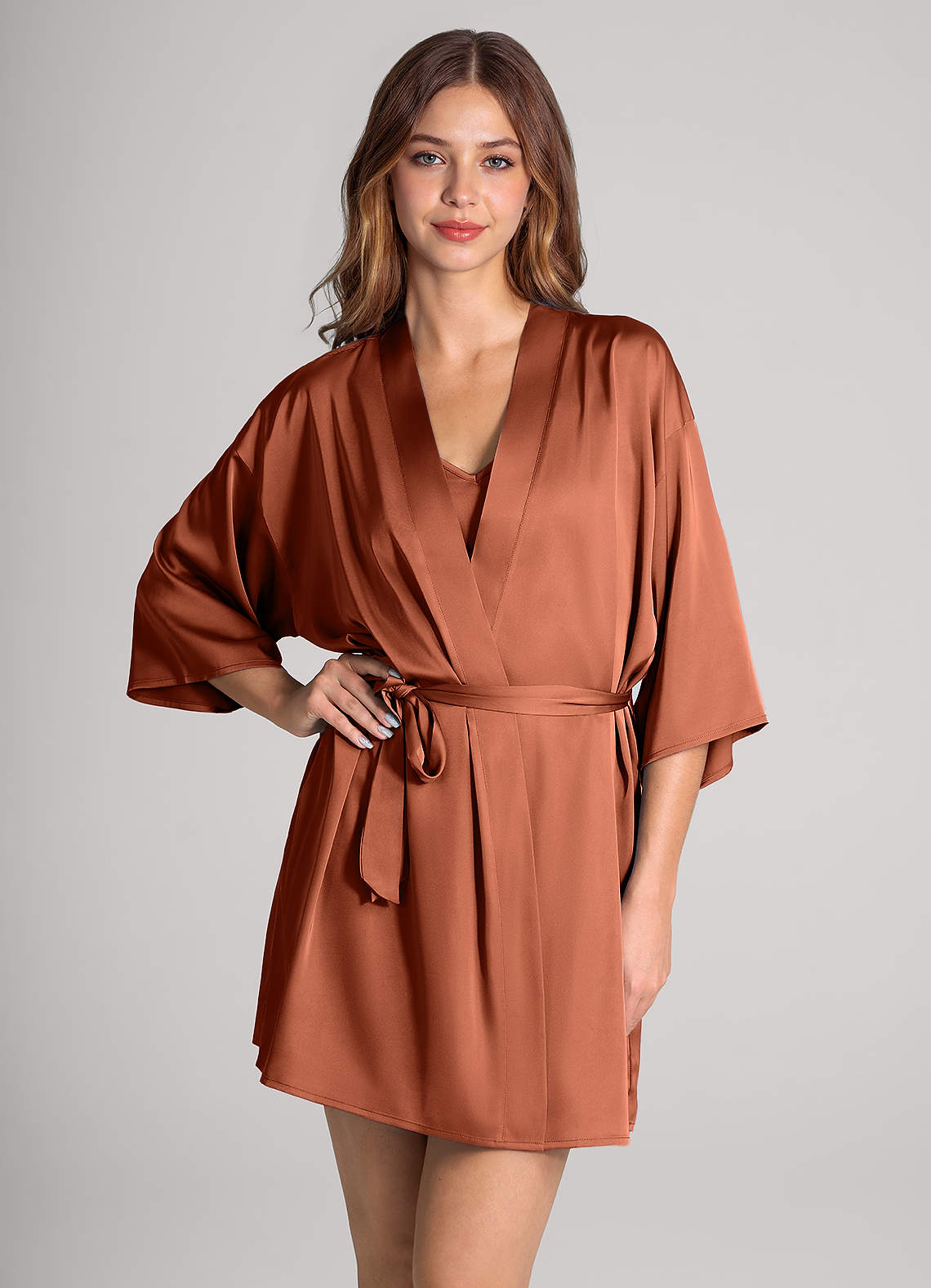 front Matching Color 2-Piece Satin Robe and Slip Set
