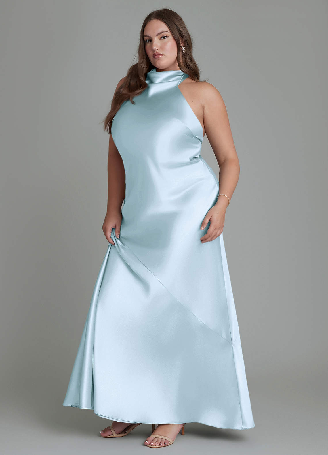 Azazie Velli At-home Try On Dresses Sky Blue Sheath High Neck Metallic Satin Dress image11