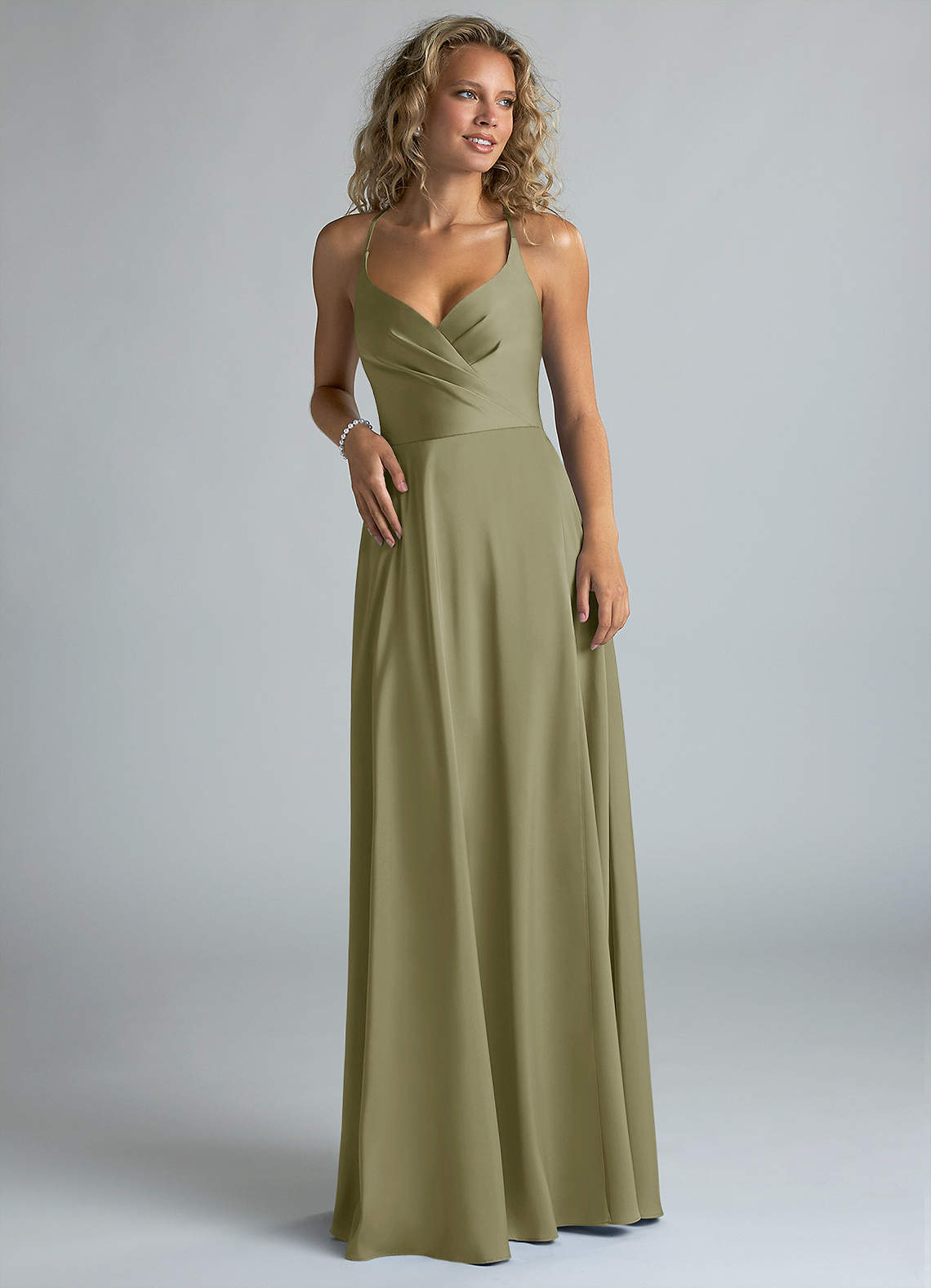 Azazie Davis Jurken voor bruidsmeisjes Jurk van Stretch Satijn met A-Lijn Geplooid Pistache image3