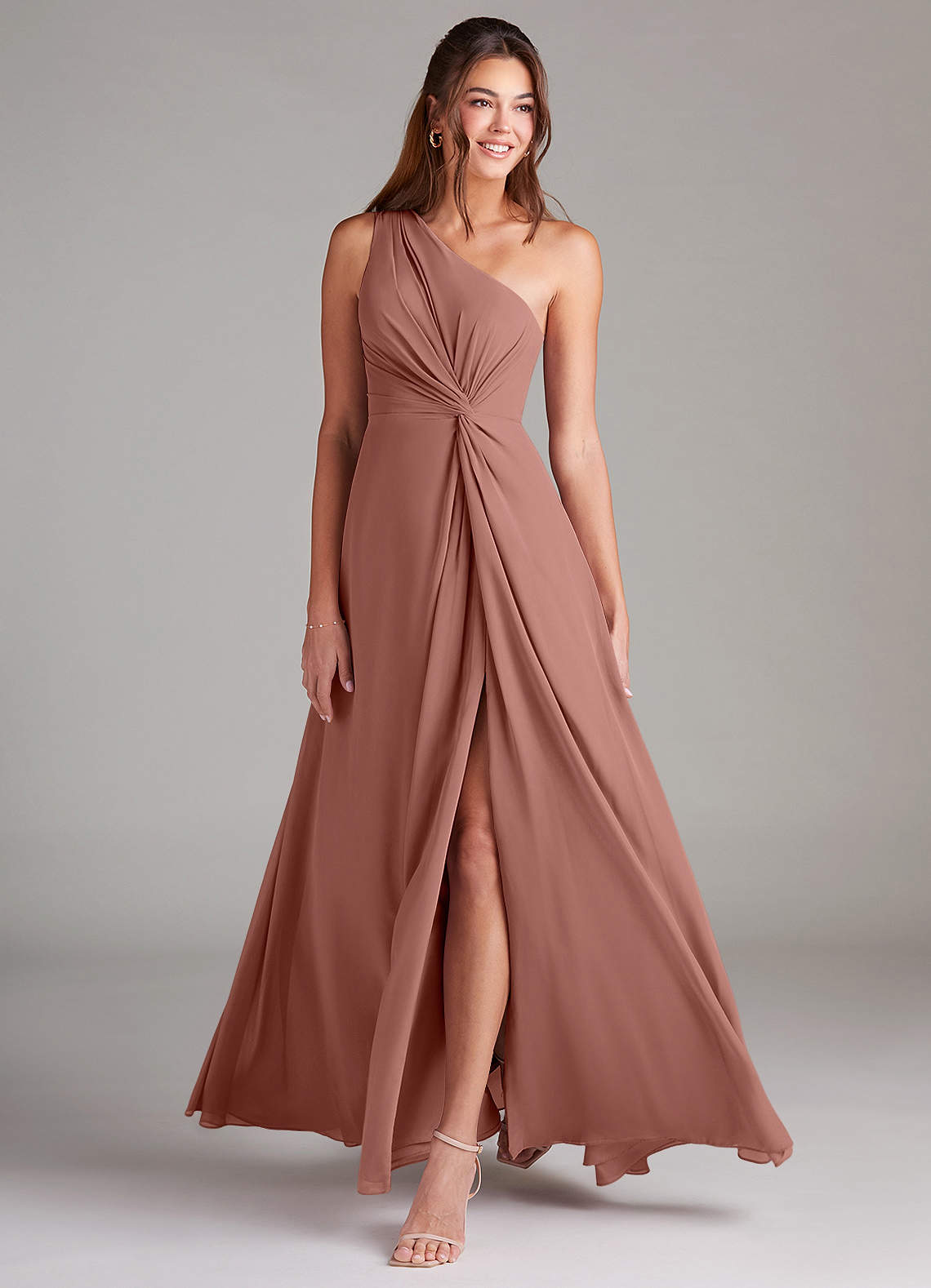 Azazie Brooke Bridesmaid Dresses Cedar Rose A-Line One Shoulder Chiffon Dress image2