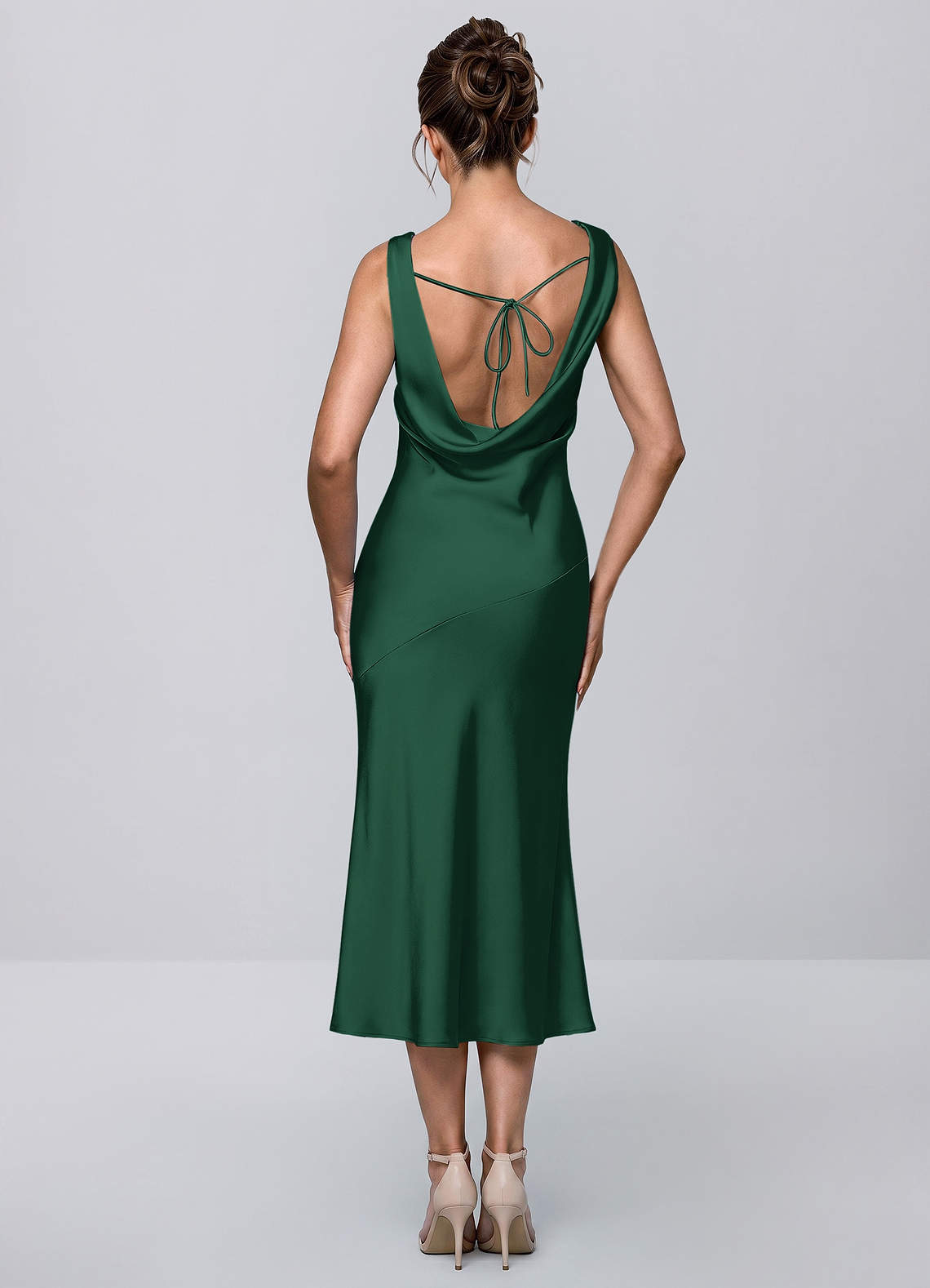 green silk midi dress Inez Emerald Cowl Satin Tie-Back inventory_tier:2